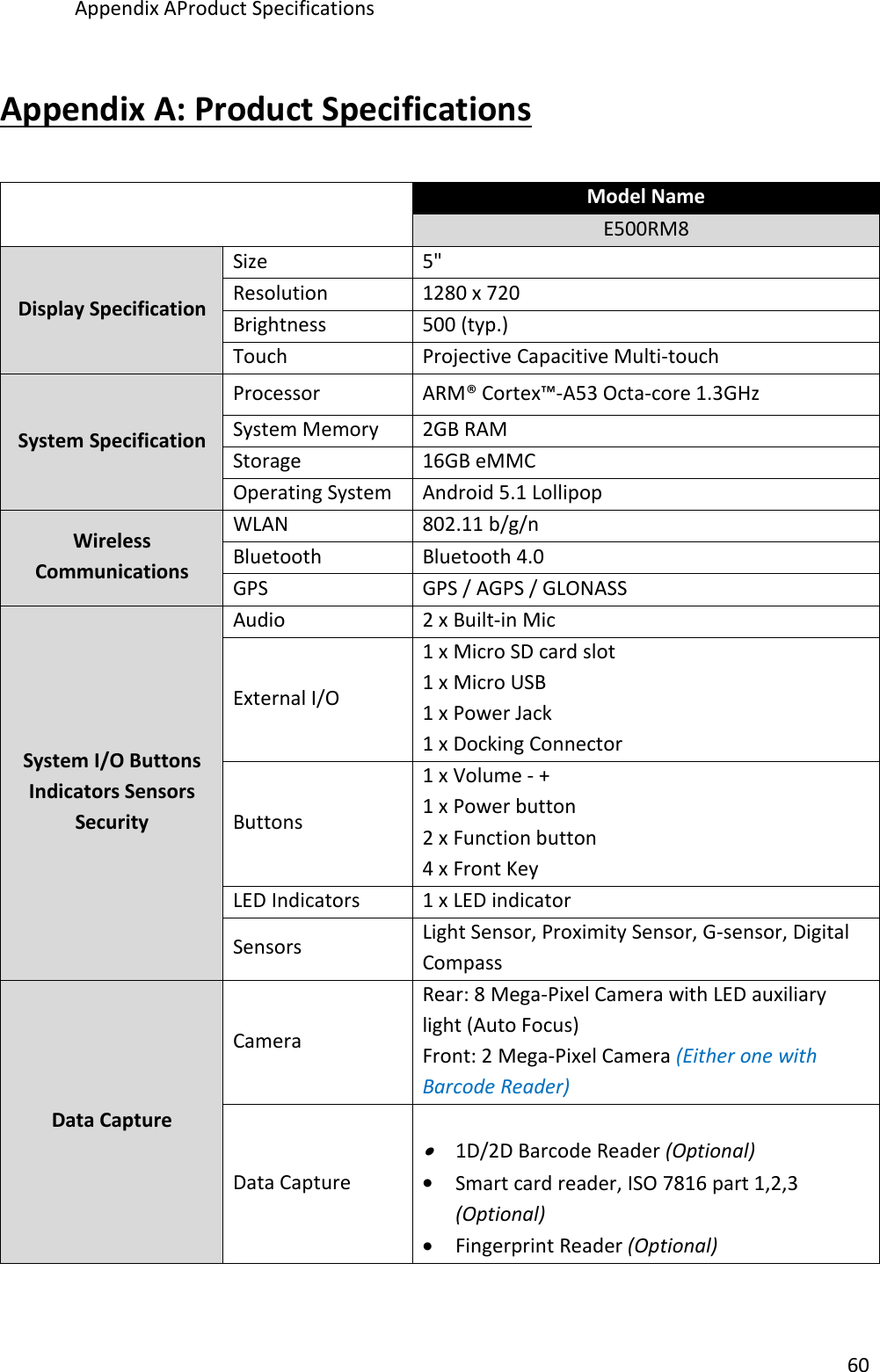 Appendix AProduct Specifications60Appendix A: Product SpecificationsModel NameE500RM8Display SpecificationSize5&quot;Resolution1280 x 720Brightness500 (typ.)TouchProjective Capacitive Multi-touchSystem SpecificationProcessorARM® Cortex™-A53 Octa-core 1.3GHzSystem Memory2GB RAMStorage16GB eMMCOperating SystemAndroid 5.1 LollipopWirelessCommunicationsWLAN802.11 b/g/nBluetoothBluetooth 4.0GPSGPS / AGPS / GLONASSSystem I/O ButtonsIndicators SensorsSecurityAudio2 x Built-in MicExternal I/O1 x Micro SD card slot1 x Micro USB1 x Power Jack1 x Docking ConnectorButtons1 x Volume - +1 x Power button2 x Function button4 x Front KeyLED Indicators1 x LED indicatorSensorsLight Sensor, Proximity Sensor, G-sensor, DigitalCompassData CaptureCameraRear: 8 Mega-Pixel Camera with LED auxiliarylight (Auto Focus)Front: 2 Mega-Pixel Camera (Either one withBarcode Reader)Data Capture1D/2D Barcode Reader (Optional)Smart card reader, ISO 7816 part 1,2,3(Optional)Fingerprint Reader (Optional)