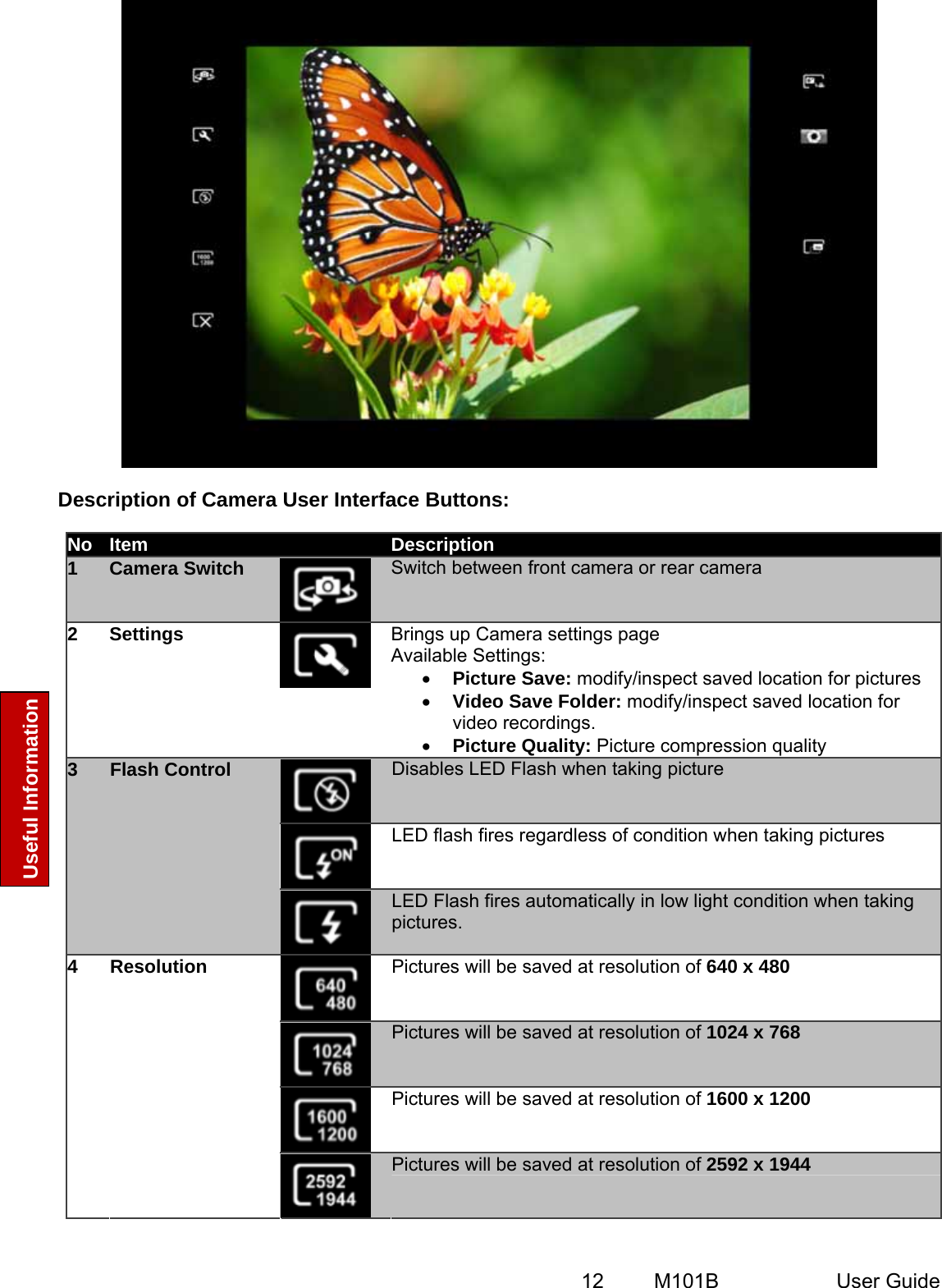  12   M101B  User Guide Useful Information  Description of Camera User Interface Buttons: No  Item  Description 1  Camera Switch  Switch between front camera or rear camera 2 Settings  Brings up Camera settings page Available Settings: • Picture Save: modify/inspect saved location for pictures • Video Save Folder: modify/inspect saved location for video recordings. • Picture Quality: Picture compression quality  Disables LED Flash when taking picture  LED flash fires regardless of condition when taking pictures 3  Flash Control  LED Flash fires automatically in low light condition when taking pictures.  Pictures will be saved at resolution of 640 x 480  Pictures will be saved at resolution of 1024 x 768  Pictures will be saved at resolution of 1600 x 1200 4 Resolution  Pictures will be saved at resolution of 2592 x 1944 