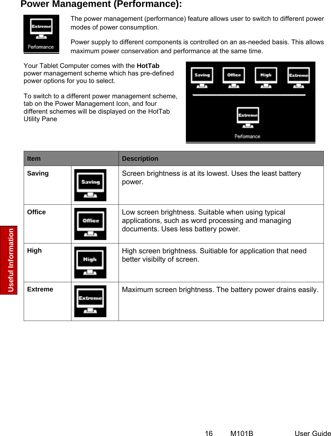  16   M101B  User Guide Useful Information  Power Management (Performance):  The power management (performance) feature allows user to switch to different power modes of power consumption. Power supply to different components is controlled on an as-needed basis. This allows maximum power conservation and performance at the same time.  Your Tablet Computer comes with the HotTab power management scheme which has pre-defined power options for you to select.    To switch to a different power management scheme, tab on the Power Management Icon, and four different schemes will be displayed on the HotTab Utility Pane     Item  Description Saving  Screen brightness is at its lowest. Uses the least battery power. Office  Low screen brightness. Suitable when using typical applications, such as word processing and managing documents. Uses less battery power. High  High screen brightness. Suitiable for application that need better visibilty of screen.   Extreme  Maximum screen brightness. The battery power drains easily.  