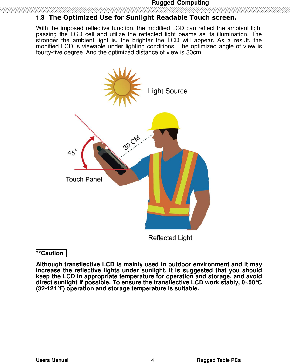  Rugged  Computing   Users Manual                                                                                                      Rugged Table PCs 14 1.3   The Optimized Use for Sunlight Readable Touch screen. With the imposed reflective function, the modified LCD can reflect the ambient light passing  the  LCD  cell  and  utilize  the  reflected  light  beams  as  its illumination.  The stronger  the  ambient  light  is,  the  brighter  the  LCD  will  appear.  As  a  result,  the modified LCD is viewable under lighting conditions. The optimized angle of view is fourty-five degree. And the optimized distance of view is 30cm.                  **Caution   Although transflective LCD is mainly used in outdoor environment and it may increase the reflective lights under sunlight, it is suggested that you should keep the LCD in appropriate temperature for operation and storage, and avoid direct sunlight if possible. To ensure the transflective LCD work stably, 0~50°C (32-121°F) operation and storage temperature is suitable.         Light Source 