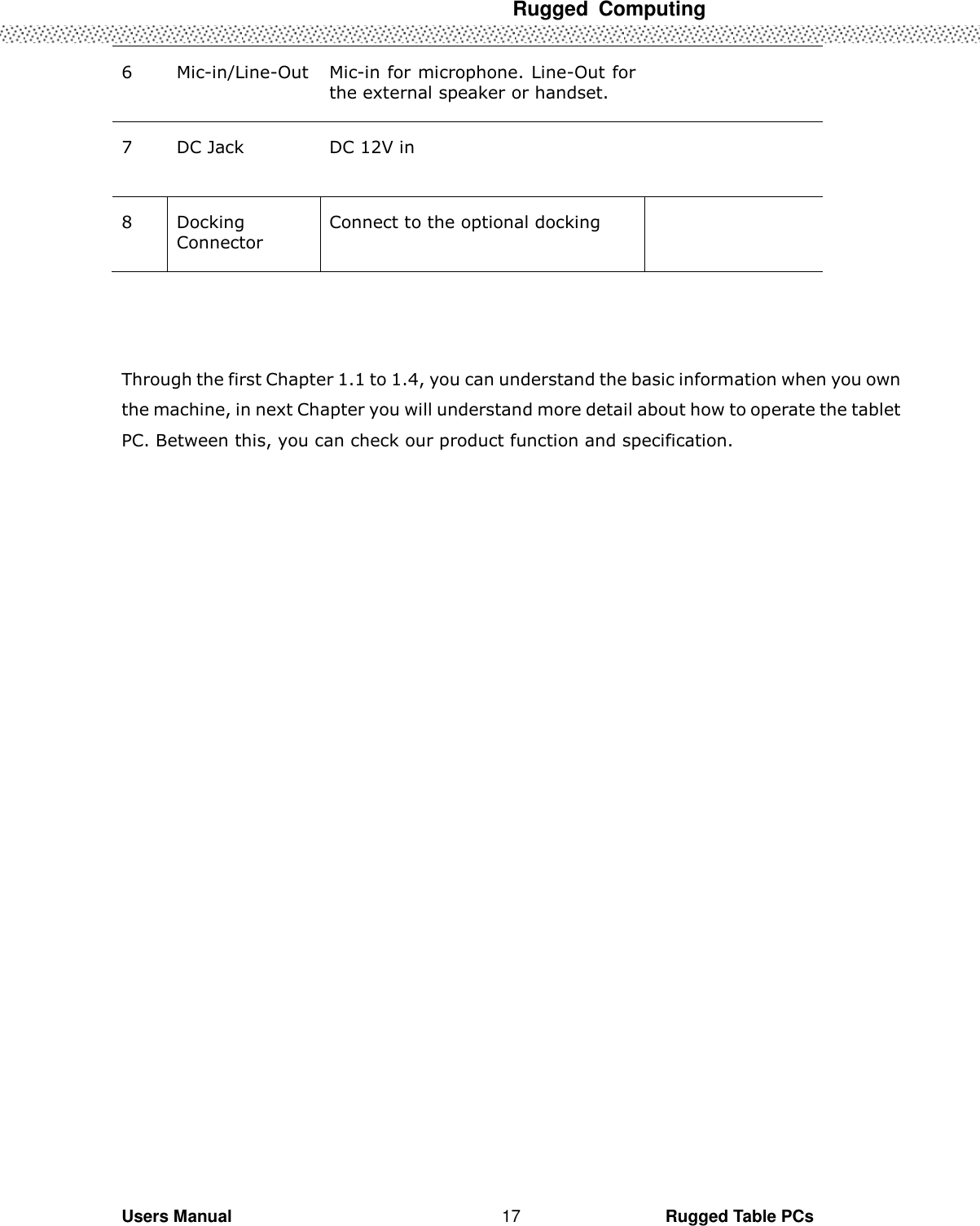  Rugged  Computing   Users Manual                                                                                                      Rugged Table PCs 17 6 Mic-in/Line-Out Mic-in for microphone. Line-Out for the external speaker or handset.  7 DC Jack DC 12V in  8 Docking Connector Connect to the optional docking     Through the first Chapter 1.1 to 1.4, you can understand the basic information when you own the machine, in next Chapter you will understand more detail about how to operate the tablet PC. Between this, you can check our product function and specification. 