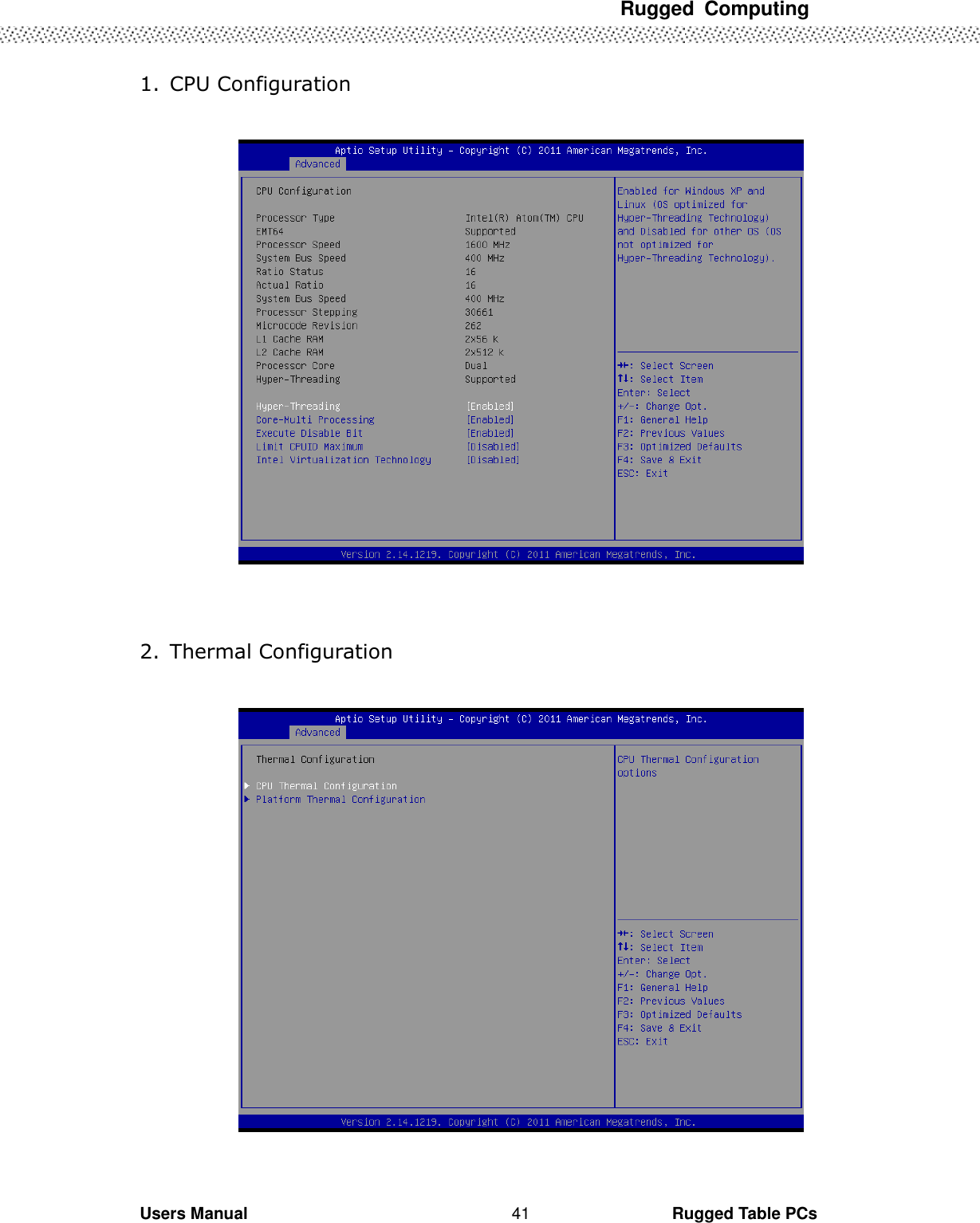 Rugged  Computing             Users Manual                                                                                                      Rugged Table PCs 41 1. CPU Configuration     2. Thermal Configuration     