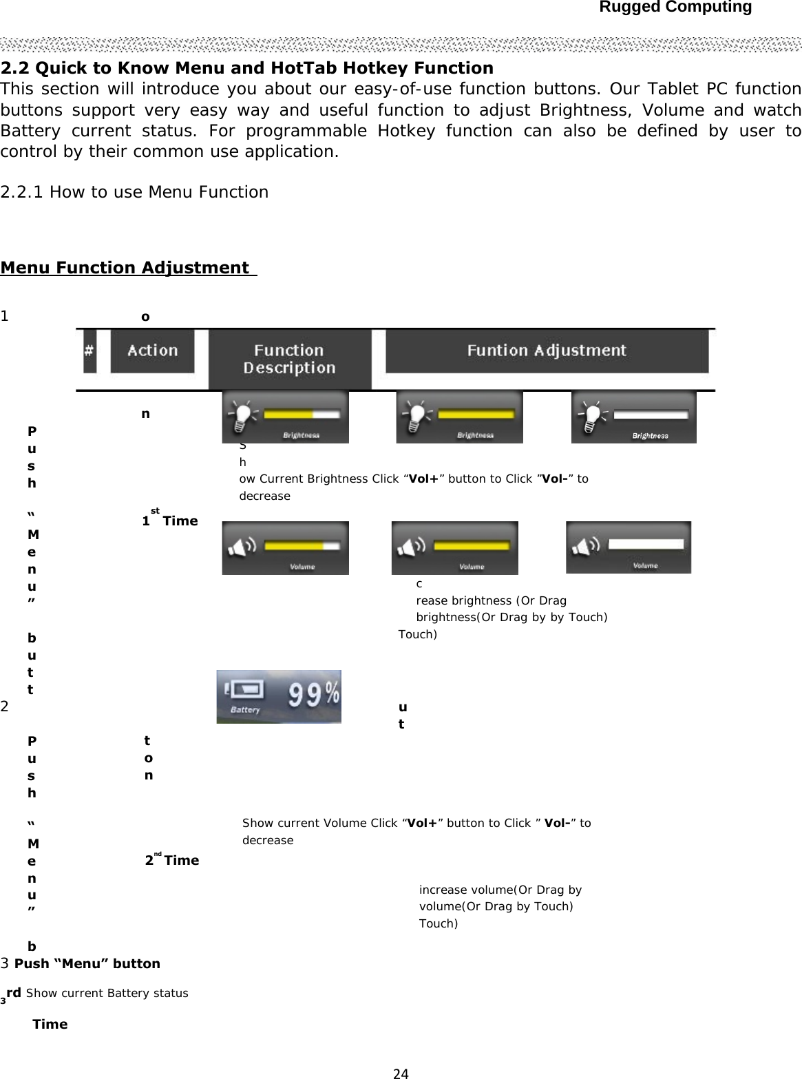 Rugged Computing242.2 Quick to Know Menu and HotTab Hotkey Function   This section will introduce you about our easy-of-use function buttons. Our Tablet PC function buttons support very easy way and useful function to adjust Brightness, Volume and watch Battery current status. For programmable Hotkey function can also be defined by user to control by their common use application.  2.2.1 How to use Menu Function  Menu Function Adjustment   1 Push “Menu” button   Show Current Brightness Click “Vol+” button to Click ”Vol-” to decrease  1st Time   increase brightness (Or Drag brightness(Or Drag by by Touch) Touch)  2 Push “Menu” button  Show current Volume Click “Vol+” button to Click ” Vol-” to decrease  2nd Time   increase volume(Or Drag by volume(Or Drag by Touch) Touch)  3 Push “Menu” button   3rd Show current Battery status  Time            