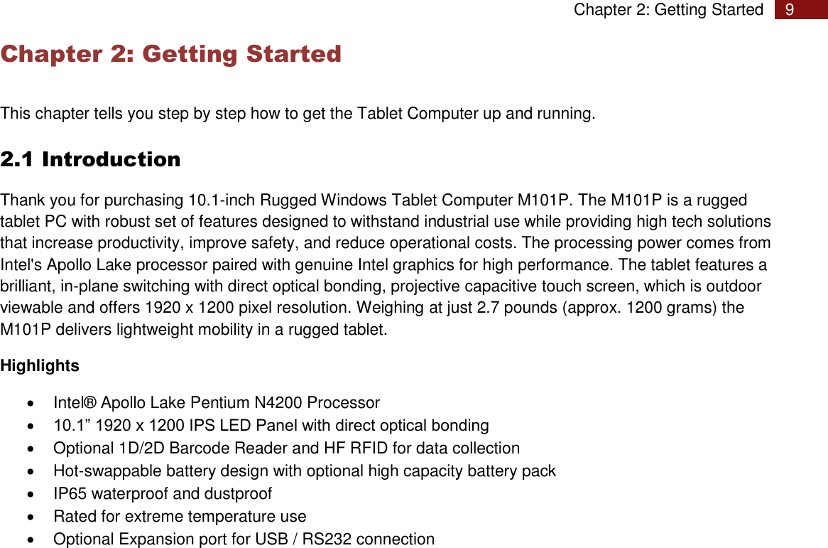 Page 9 of Winmate M101P Rugged Tablet PC User Manual Rugged Windows Tablet M101P