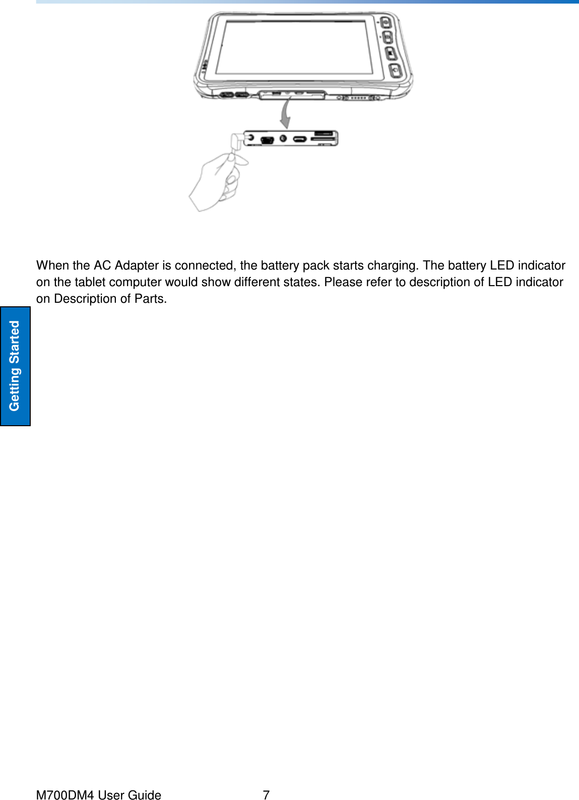  M700DM4 User Guide      7 Getting Started   When the AC Adapter is connected, the battery pack starts charging. The battery LED indicator on the tablet computer would show different states. Please refer to description of LED indicator on Description of Parts.   