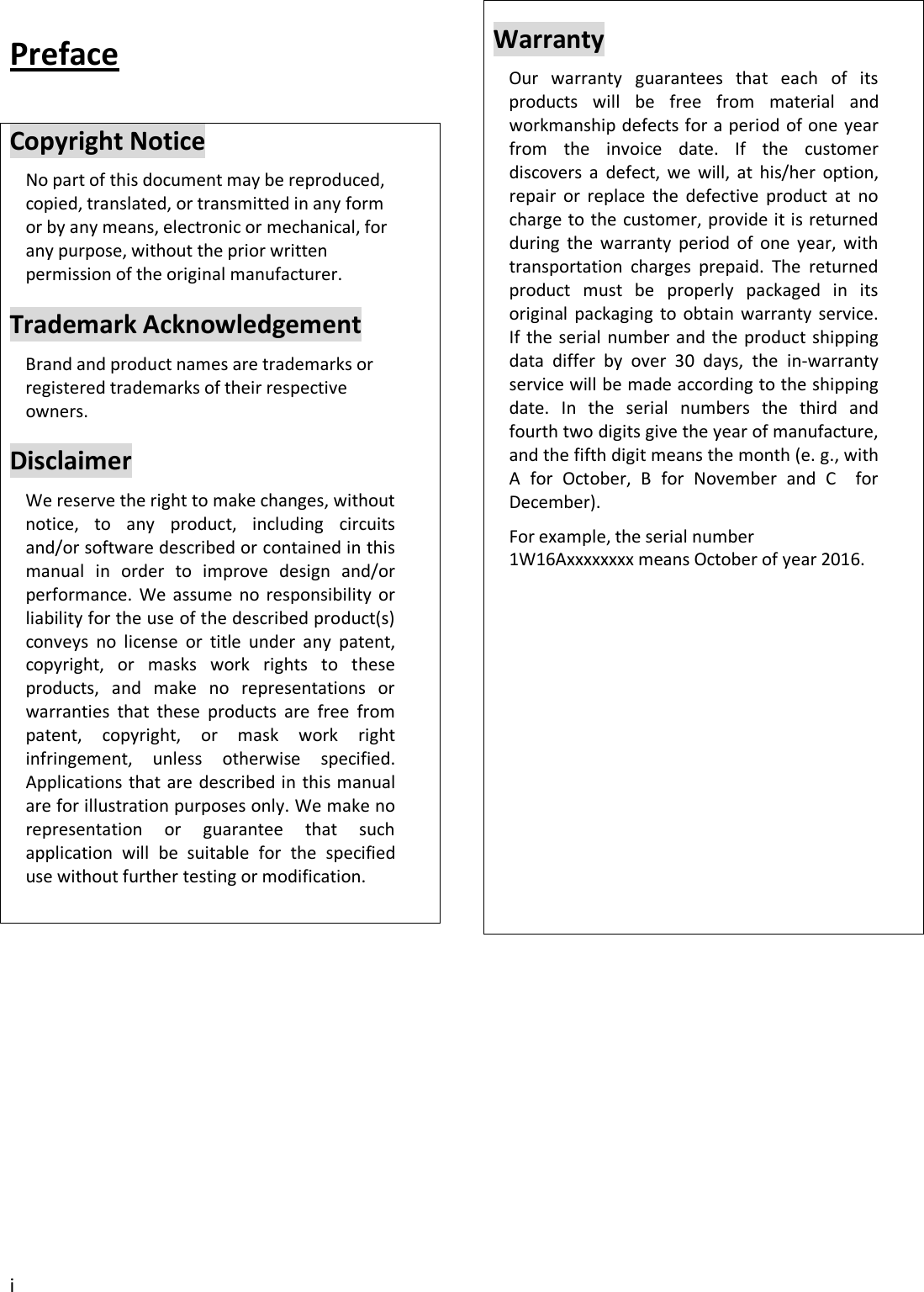 i Preface Copyright Notice No part of this document may be reproduced, copied, translated, or transmitted in any form or by any means, electronic or mechanical, for any purpose, without the prior written permission of the original manufacturer. Trademark Acknowledgement Brand and product names are trademarks or registered trademarks of their respective owners. Disclaimer We reserve the right to make changes, without notice,  to  any  product,  including  circuits and/or software described or contained in this manual  in  order  to  improve  design  and/or performance.  We  assume  no  responsibility  or liability for the use of the described product(s) conveys  no  license  or  title  under  any  patent, copyright,  or  masks  work  rights  to  these products,  and  make  no  representations  or warranties  that  these  products  are  free  from patent,  copyright,  or  mask  work  right infringement,  unless  otherwise  specified. Applications that are described in this manual are for illustration purposes only. We make no representation  or  guarantee  that  such application  will  be  suitable  for  the  specified use without further testing or modification. Warranty Our  warranty  guarantees  that  each  of  its products  will  be  free  from  material  and workmanship defects for a period of one year from  the  invoice  date.  If  the  customer discovers  a  defect,  we  will,  at  his/her  option, repair  or  replace  the  defective  product  at  no charge to the customer, provide it is returned during  the  warranty  period  of  one  year,  with transportation  charges  prepaid.  The  returned product  must  be  properly  packaged  in  its original  packaging  to  obtain  warranty service. If the serial  number and the product shipping data  differ  by  over  30  days,  the  in-warranty service will be made according to the shipping date.  In  the  serial  numbers  the  third  and fourth two digits give the year of manufacture, and the fifth digit means the month (e. g., with A  for  October,  B  for  November  and  C    for December). For example, the serial number 1W16Axxxxxxxx means October of year 2016. 