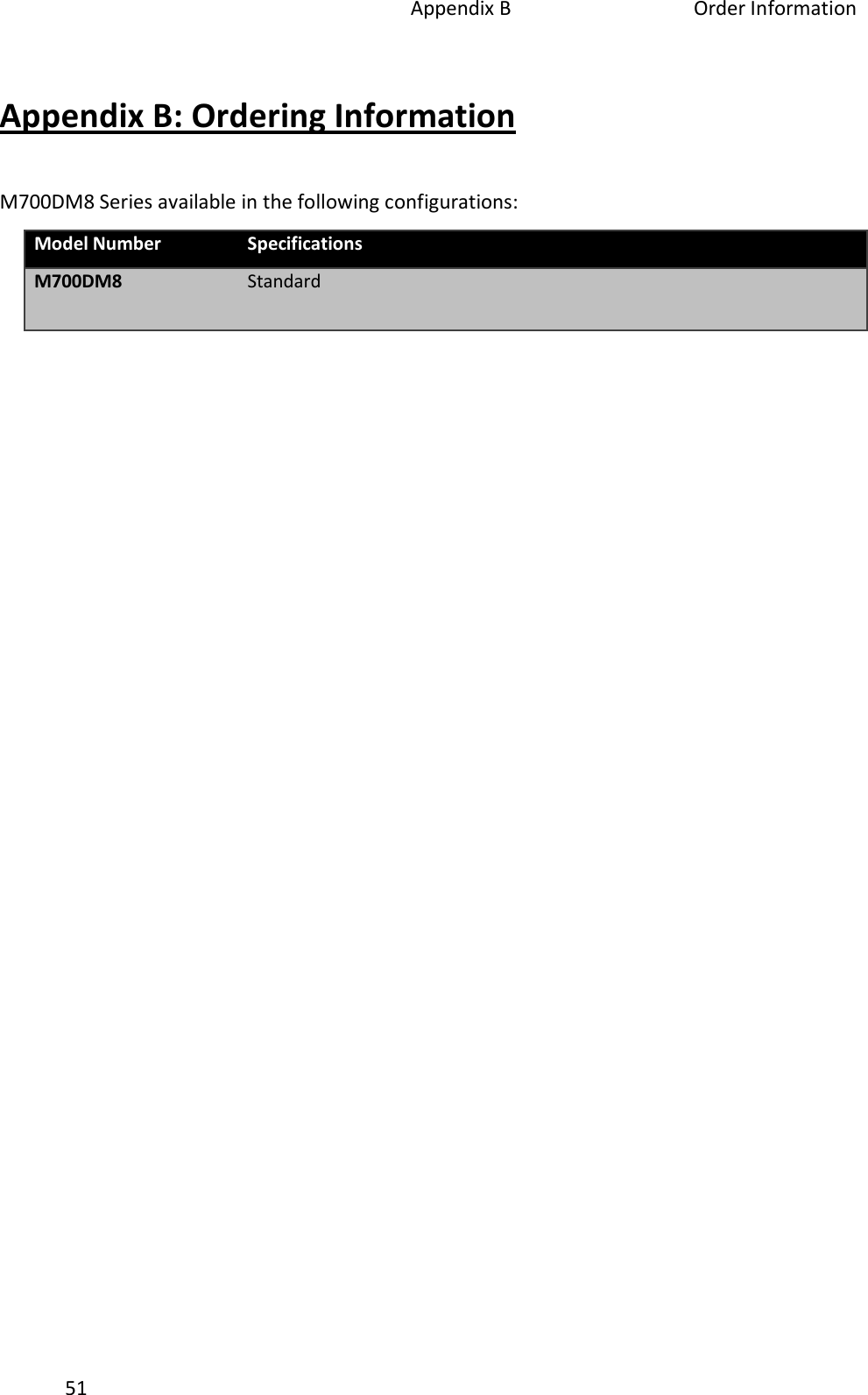 Appendix B  Order Information 51 Appendix B: Ordering Information M700DM8 Series available in the following configurations: Model Number Specifications M700DM8 Standard 
