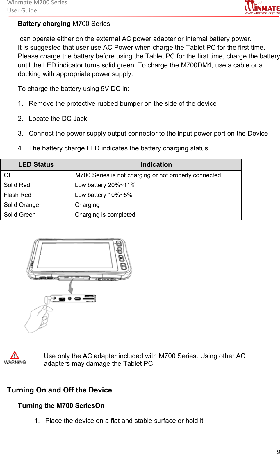 Winmate M700 SeriesUser Guide  9  Battery charging M700 Series can operate either on the external AC power adapter or internal battery power. It is suggested that user use AC Power when charge the Tablet PC for the first time. Please charge the battery before using the Tablet PC for the first time, charge the battery until the LED indicator turns solid green. To charge the M700DM4, use a cable or a docking with appropriate power supply.  To charge the battery using 5V DC in: 1.  Remove the protective rubbed bumper on the side of the device 2.  Locate the DC Jack  3.  Connect the power supply output connector to the input power port on the Device 4.  The battery charge LED indicates the battery charging status LED Status  Indication OFF                                   M700 Series is not charging or not properly connected  Solid Red   Low battery 20%~11% Flash Red  Low battery 10%~5% Solid Orange  Charging  Solid Green  Charging is completed                   Use only the AC adapter included with M700 Series. Using other AC adapters may damage the Tablet PC  Turning On and Off the Device Turning the M700 SeriesOn 1.  Place the device on a flat and stable surface or hold it 