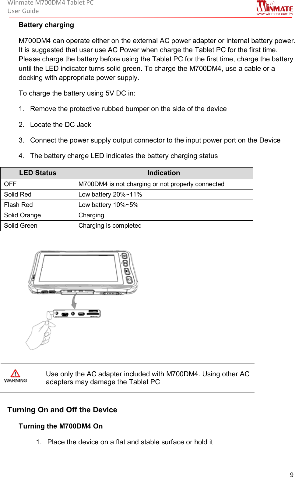 Winmate M700DM4 Tablet PC User Guide  9  Battery charging M700DM4 can operate either on the external AC power adapter or internal battery power. It is suggested that user use AC Power when charge the Tablet PC for the first time. Please charge the battery before using the Tablet PC for the first time, charge the battery until the LED indicator turns solid green. To charge the M700DM4, use a cable or a docking with appropriate power supply.  To charge the battery using 5V DC in: 1.  Remove the protective rubbed bumper on the side of the device 2.  Locate the DC Jack  3.  Connect the power supply output connector to the input power port on the Device 4.  The battery charge LED indicates the battery charging status LED Status  Indication OFF  M700DM4 is not charging or not properly connected  Solid Red   Low battery 20%~11% Flash Red  Low battery 10%~5% Solid Orange  Charging  Solid Green  Charging is completed                   Use only the AC adapter included with M700DM4. Using other AC adapters may damage the Tablet PC  Turning On and Off the Device Turning the M700DM4 On 1.  Place the device on a flat and stable surface or hold it 