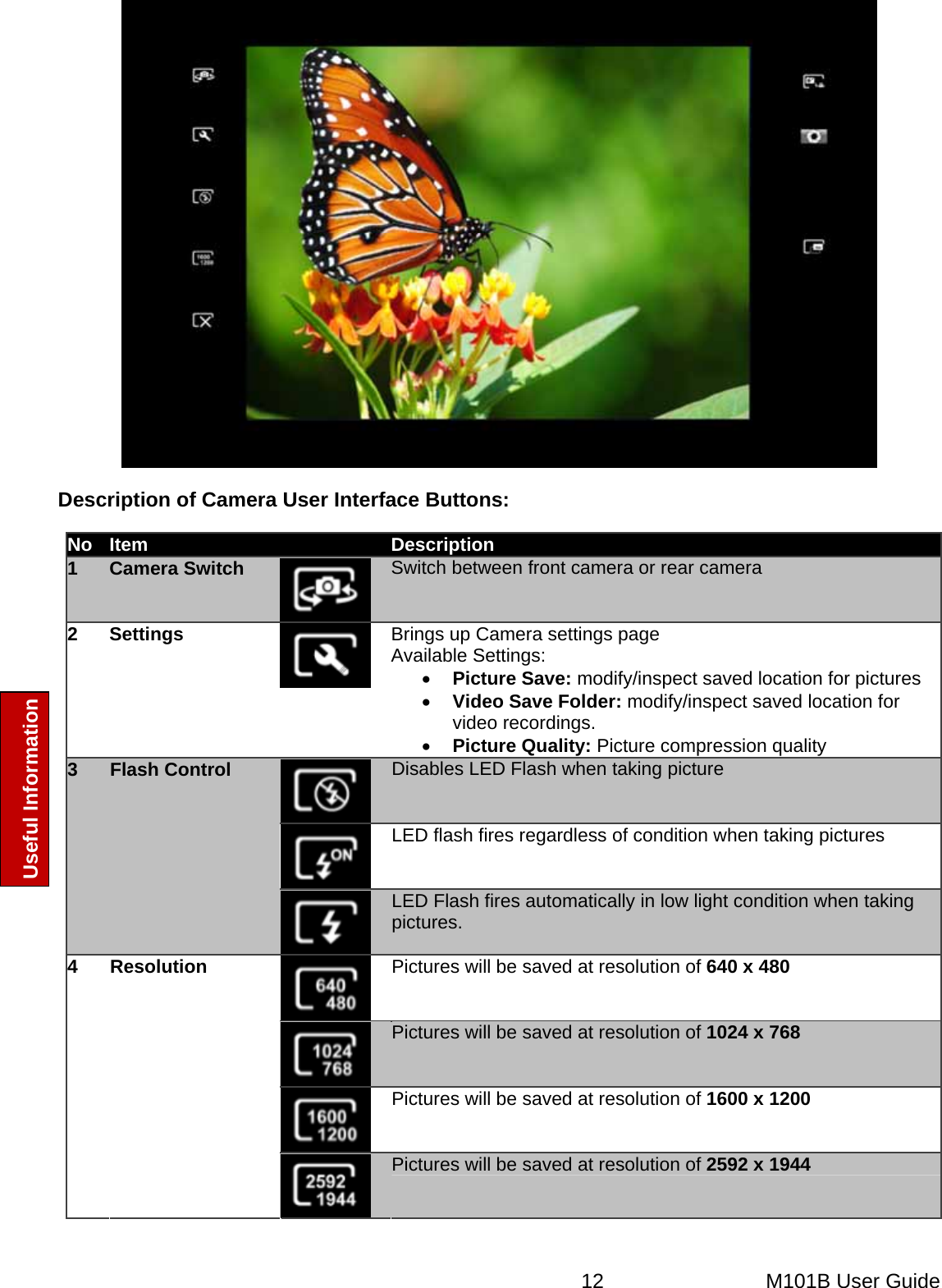  12   M101B User Guide Useful Information  Description of Camera User Interface Buttons: No  Item  Description 1  Camera Switch  Switch between front camera or rear camera 2 Settings  Brings up Camera settings page Available Settings: • Picture Save: modify/inspect saved location for pictures • Video Save Folder: modify/inspect saved location for video recordings. • Picture Quality: Picture compression quality  Disables LED Flash when taking picture  LED flash fires regardless of condition when taking pictures 3  Flash Control  LED Flash fires automatically in low light condition when taking pictures.  Pictures will be saved at resolution of 640 x 480  Pictures will be saved at resolution of 1024 x 768  Pictures will be saved at resolution of 1600 x 1200 4 Resolution  Pictures will be saved at resolution of 2592 x 1944 