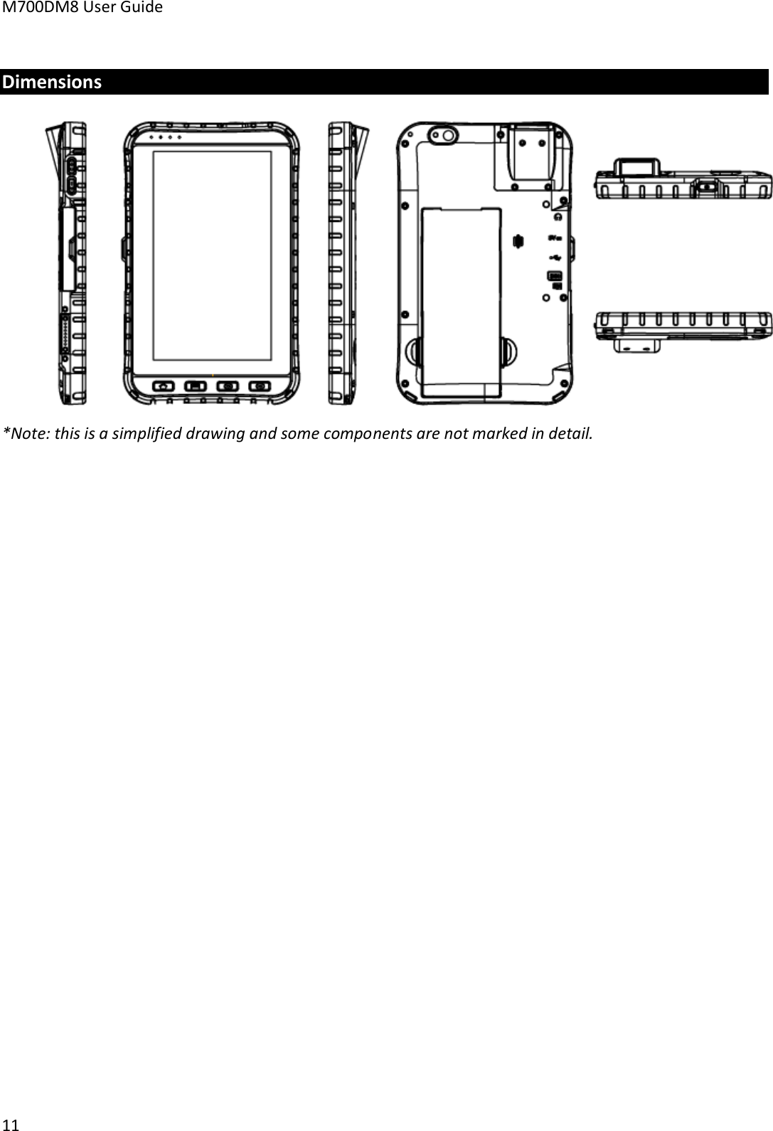 M700DM8 User Guide      11  Dimensions  *Note: this is a simplified drawing and some components are not marked in detail. 