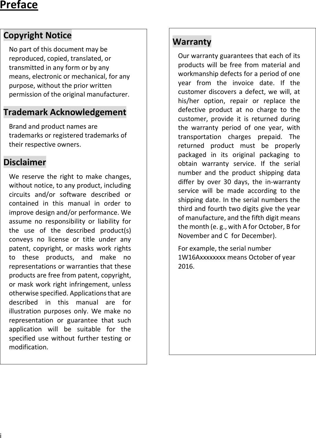  i  Preface Copyright Notice No part of this document may be reproduced, copied, translated, or transmitted in any form or by any means, electronic or mechanical, for any purpose, without the prior written permission of the original manufacturer. Trademark Acknowledgement Brand and product names are trademarks or registered trademarks of their respective owners. Disclaimer We  reserve  the  right  to  make  changes, without notice, to any product, including circuits  and/or  software  described  or contained  in  this  manual  in  order  to improve design and/or performance. We assume  no  responsibility  or  liability  for the  use  of  the  described  product(s) conveys  no  license  or  title  under  any patent,  copyright,  or  masks  work  rights to  these  products,  and  make  no representations or warranties that these products are free from patent, copyright, or mask work right infringement, unless otherwise specified. Applications that are described  in  this  manual  are  for illustration  purposes  only.  We  make  no representation  or  guarantee  that  such application  will  be  suitable  for  the specified  use  without  further  testing  or modification.          Warranty Our warranty guarantees that each of its products will  be free  from  material  and workmanship defects for a period of one year  from  the  invoice  date.  If  the customer discovers a defect, we will, at his/her  option,  repair  or  replace  the defective  product  at  no  charge  to  the customer,  provide  it  is  returned  during the  warranty  period  of  one  year,  with transportation  charges  prepaid.  The returned  product  must  be  properly packaged  in  its  original  packaging  to obtain  warranty  service.  If  the  serial number  and  the  product  shipping  data differ  by  over  30  days,  the  in-warranty service  will  be  made  according  to  the shipping date. In the serial numbers the third and fourth two digits give the year of manufacture, and the fifth digit means the month (e. g., with A for October, B for November and C  for December). For example, the serial number 1W16Axxxxxxxx means October of year 2016.       