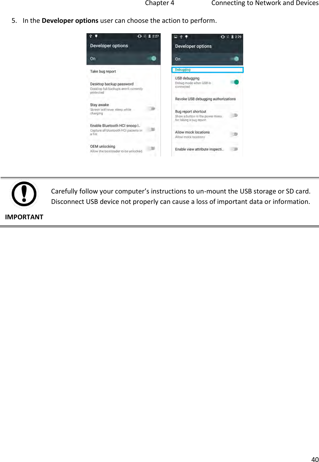   Chapter 4   Connecting to Network and Devices  40  5. In the Developer options user can choose the action to perform.   IMPORTANT Carefully follow your computer’s instructions to un-mount the USB storage or SD card. Disconnect USB device not properly can cause a loss of important data or information. 