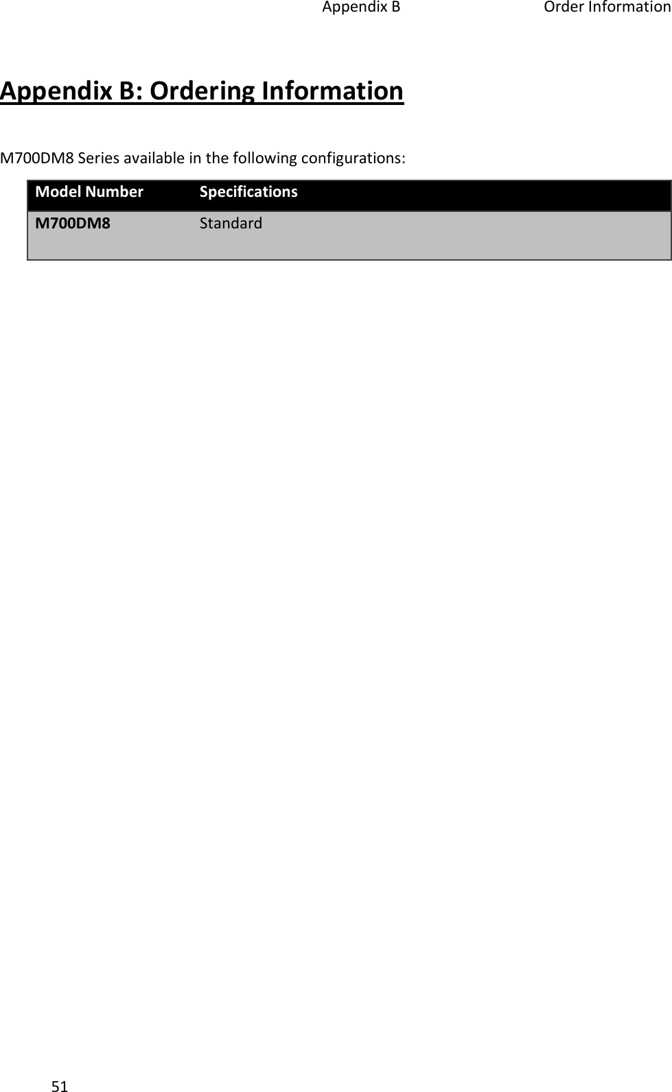   Appendix B  Order Information 51 Appendix B: Ordering Information M700DM8 Series available in the following configurations: Model Number Specifications M700DM8 Standard 