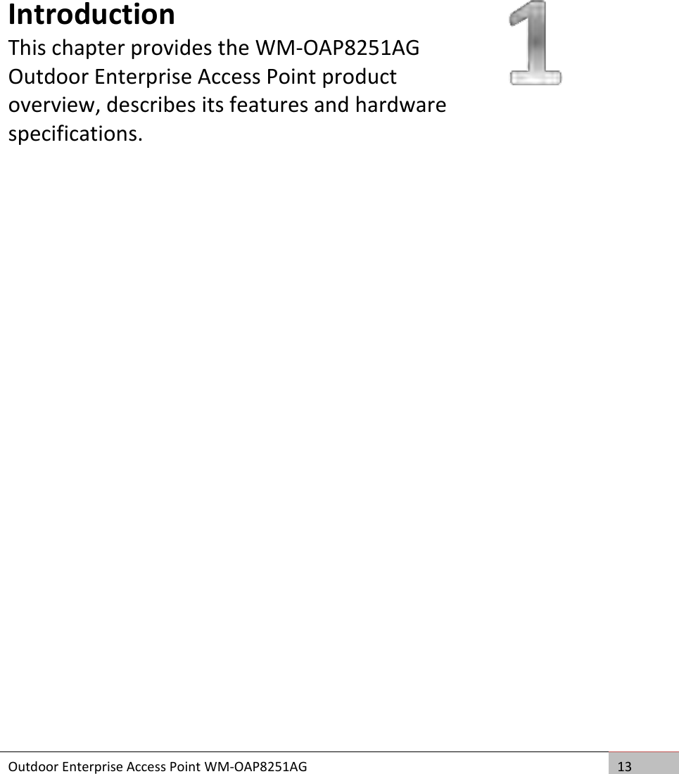  Outdoor Enterprise Access Point WM-OAP8251AG 13   Introduction This chapter provides the WM-OAP8251AG Outdoor Enterprise Access Point product overview, describes its features and hardware specifications.  