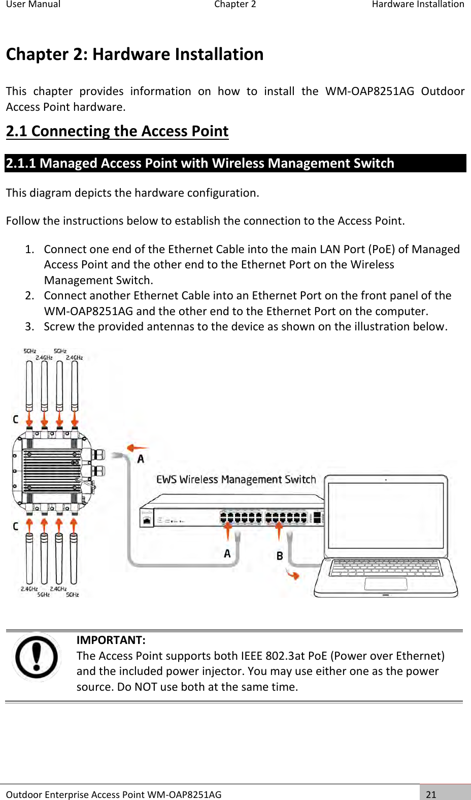 User Manual   Chapter 2  Hardware Installation Outdoor Enterprise Access Point WM-OAP8251AG 21  Chapter 2: Hardware Installation This  chapter  provides  information  on  how  to  install  the  WM-OAP8251AG  Outdoor Access Point hardware. 2.1 Connecting the Access Point 2.1.1 Managed Access Point with Wireless Management Switch This diagram depicts the hardware configuration. Follow the instructions below to establish the connection to the Access Point. 1. Connect one end of the Ethernet Cable into the main LAN Port (PoE) of Managed Access Point and the other end to the Ethernet Port on the Wireless Management Switch. 2. Connect another Ethernet Cable into an Ethernet Port on the front panel of the WM-OAP8251AG and the other end to the Ethernet Port on the computer. 3. Screw the provided antennas to the device as shown on the illustration below.    IMPORTANT: The Access Point supports both IEEE 802.3at PoE (Power over Ethernet) and the included power injector. You may use either one as the power source. Do NOT use both at the same time.     