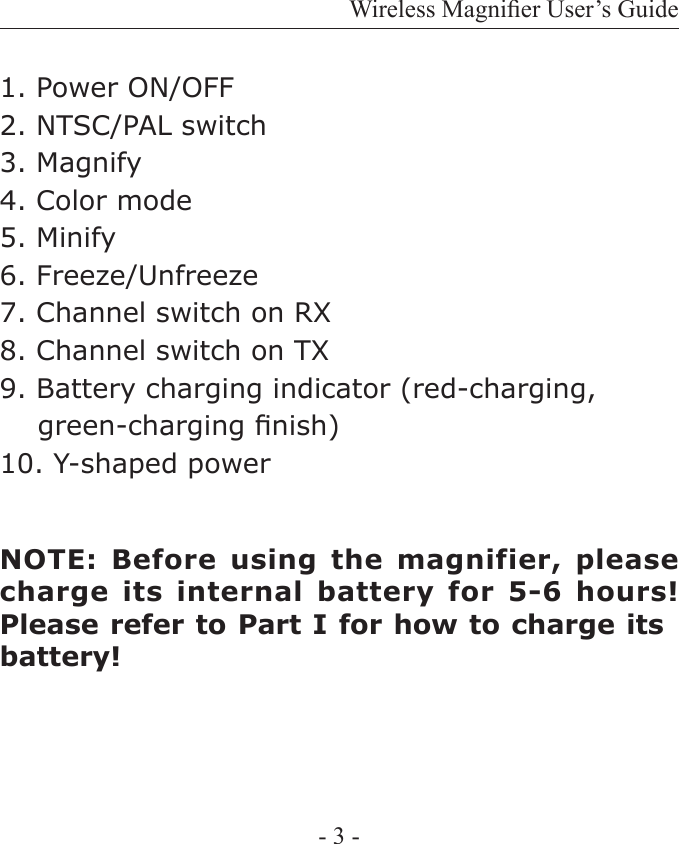 Wireless Magnier User&rsquo;s Guide- 3 -1. Power ON/OFF2. NTSC/PAL switch3. Magnify4. Color mode5. Minify6. Freeze/Unfreeze7. Channel switch on RX8. Channel switch on TX9. Battery charging indicator (red-charging,     green-charging nish)10. Y-shaped powerNOTE: Before using the magnifier, please charge its internal  battery  for 5-6 hours! Please refer to Part I for how to charge its battery!