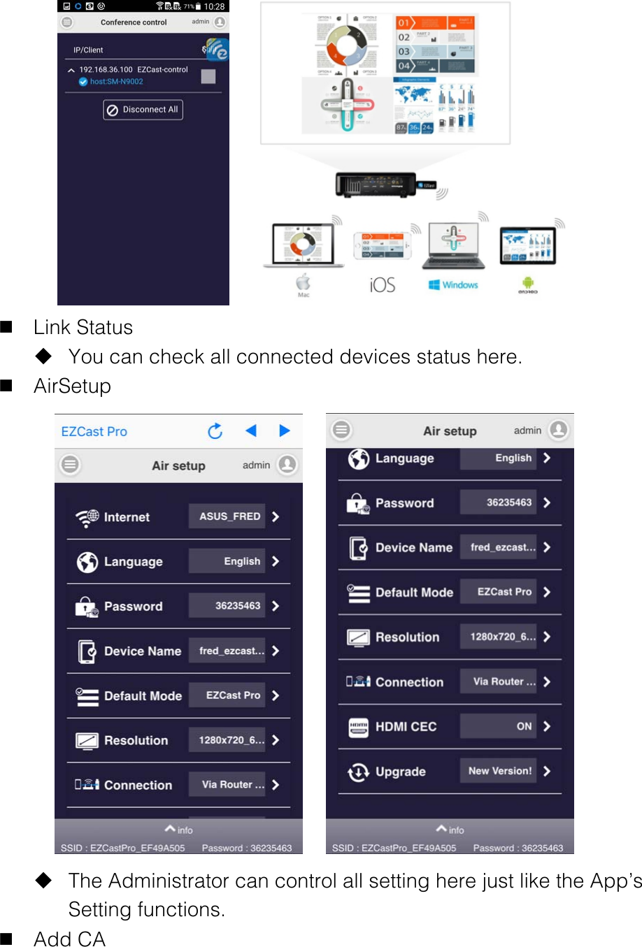      n Link Status u You can check all connected devices status here. n AirSetup     u The Administrator can control all setting here just like the App&rsquo;s Setting functions. n Add CA 