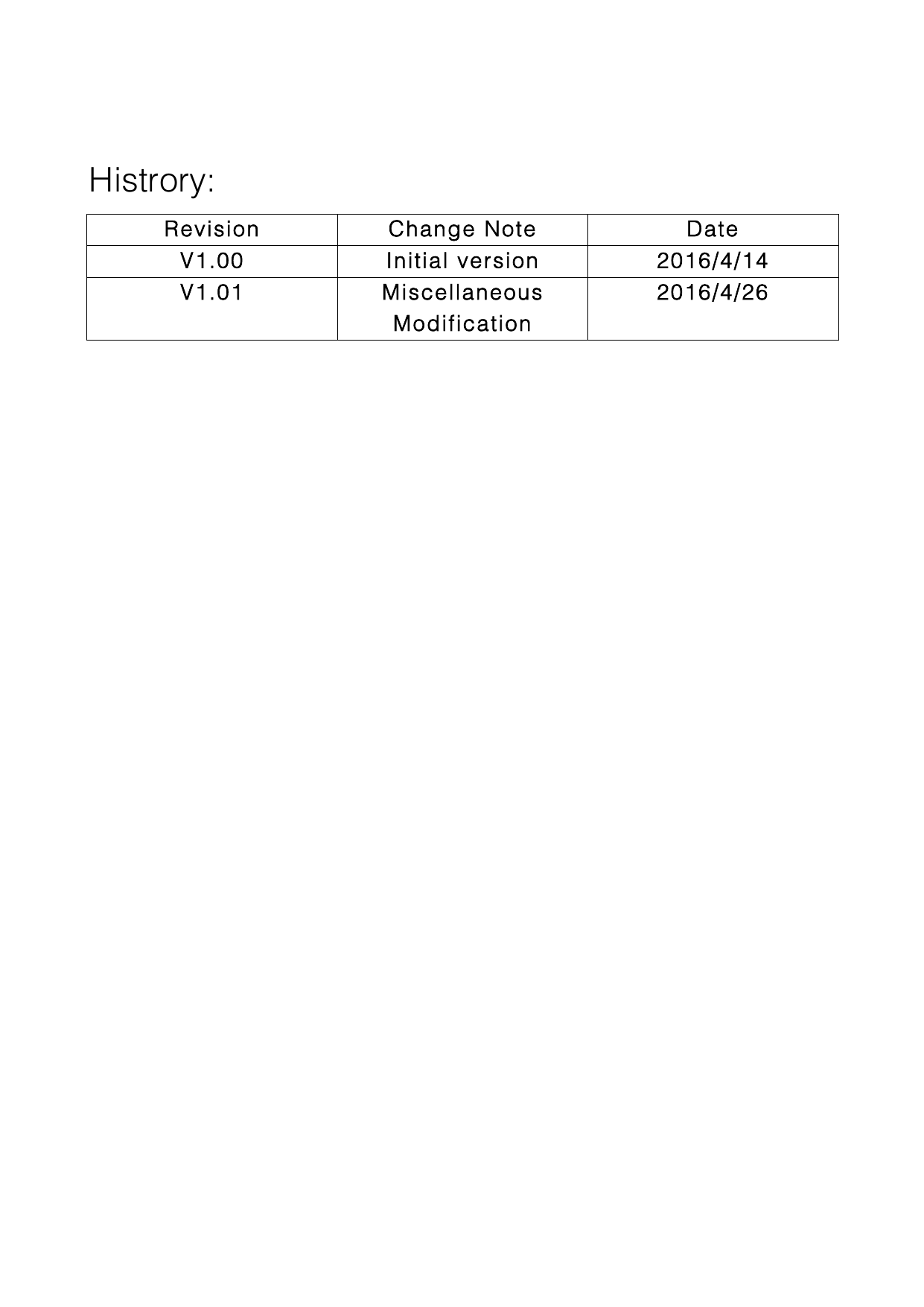  Histrory: Revision Change Note Date V1.00 Initial version 2016/4/14 V1.01  Miscellaneous Modification 2016/4/26     