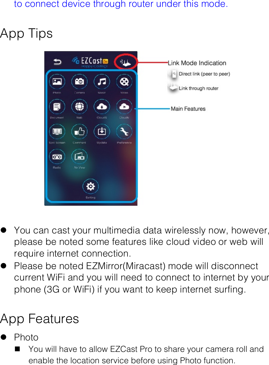 to connect device through router under this mode.!  App Tips        l You can cast your multimedia data wirelessly now, however, please be noted some features like cloud video or web will require internet connection. l Please be noted EZMirror(Miracast) mode will disconnect current WiFi and you will need to connect to internet by your phone (3G or WiFi) if you want to keep internet surfing.  App Features l Photo n You will have to allow EZCast Pro to share your camera roll and enable the location service before using Photo function. 