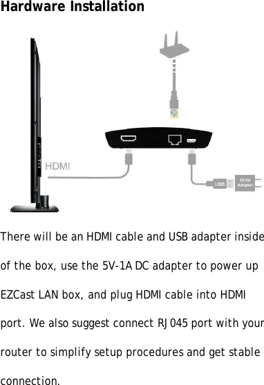 Hardware InstallationThere will be an HDMI cable and USB adapter insideof the box, use the 5V-1A DC adapter to power upEZCast LAN box, and plug HDMI cable into HDMIport. We also suggest connect RJ045 port with yourrouter to simplify setup procedures and get stableconnection.