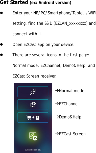 Get Started (ex: Android version)lEnter your NB/PC/Smartphone/Tablet&rsquo;s WiFisetting, find the SSID (EZLAN_xxxxxxxx) andconnect with it.lOpen EZCast app on your device.lThere are several icons in the first page:Normal mode, EZChannel, Demo&amp;Help, andEZCast Screen receiver.&agrave;Normal mode&agrave;EZChannel&agrave;Demo&amp;Help&agrave;EZCast Screen