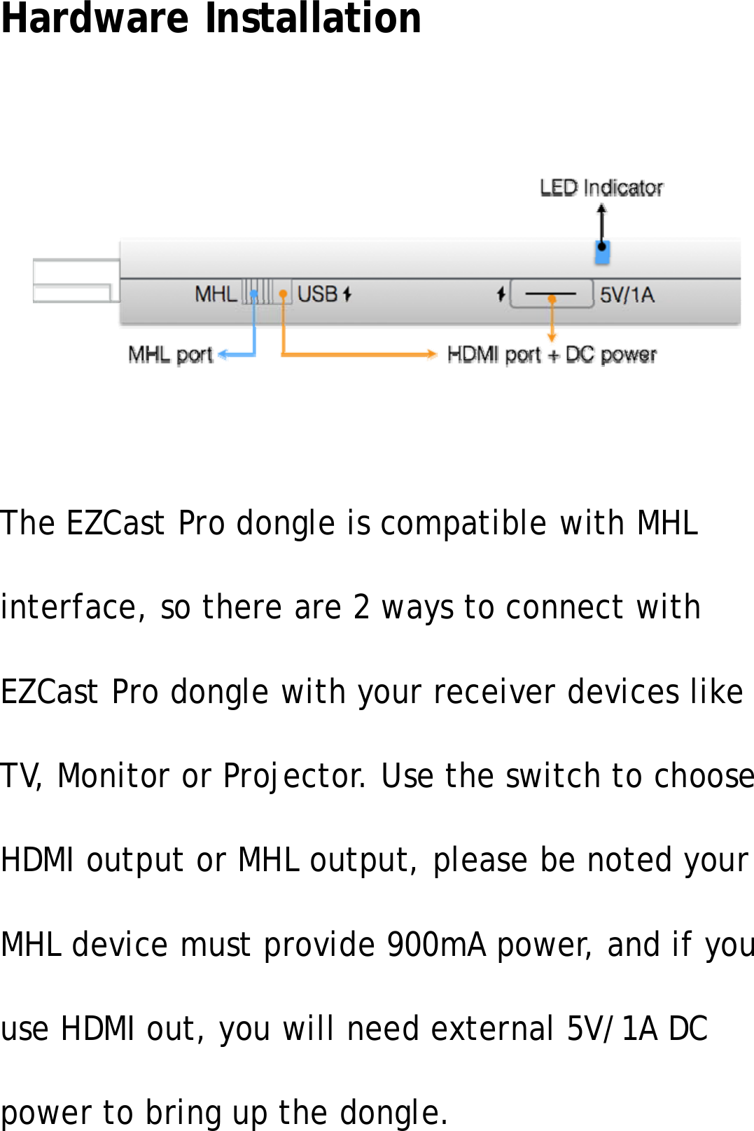 Hardware InstallationThe EZCast Pro dongle is compatible with MHLinterface, so there are 2 ways to connect withEZCast Pro dongle with your receiver devices likeTV, Monitor or Projector. Use the switch to chooseHDMI output or MHL output, please be noted yourMHL device must provide 900mA power, and if youuse HDMI out, you will need external 5V/1A DCpower to bring up the dongle.