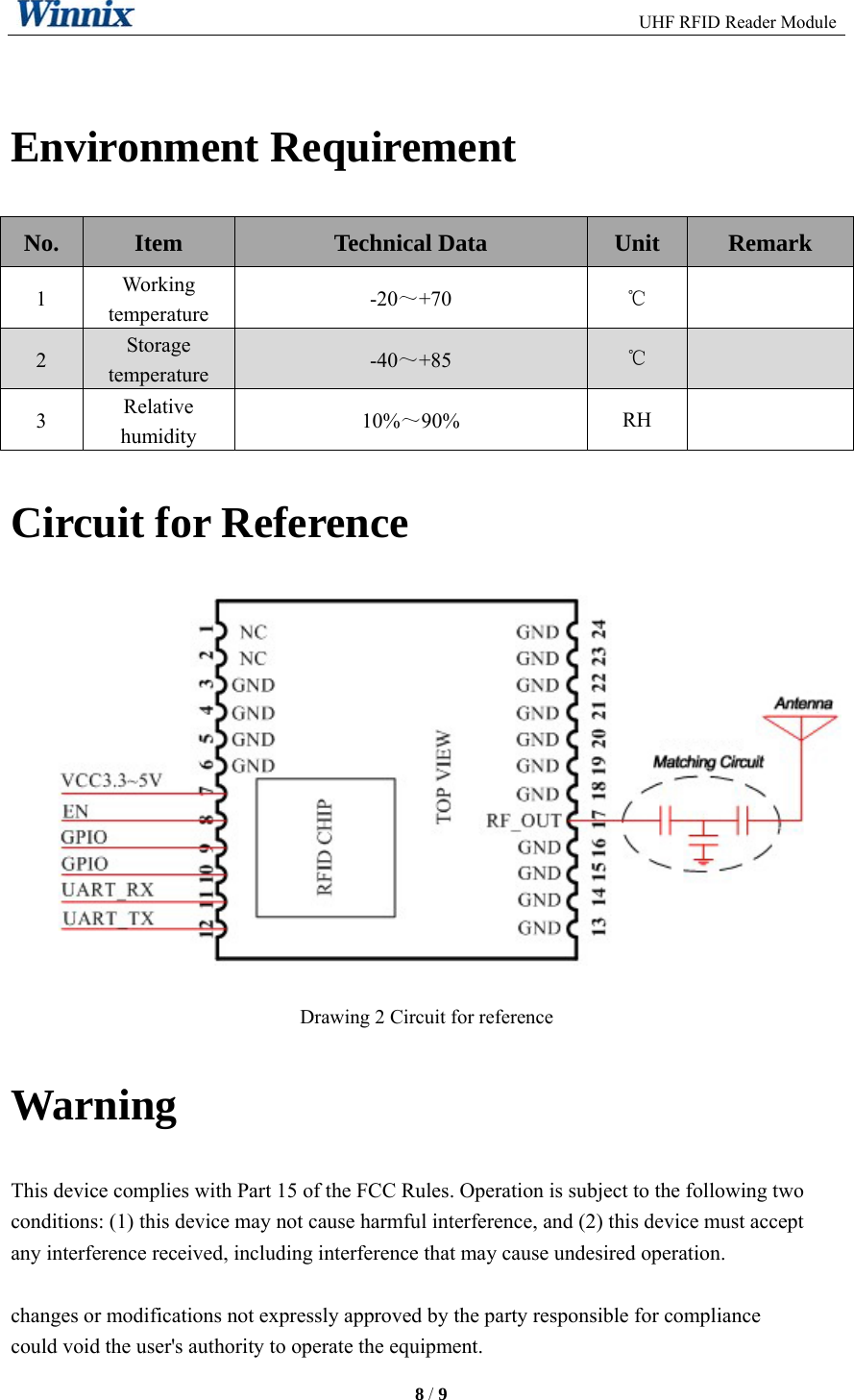                                                         UHF RFID Reader Module     8 / 9     Environment Requirement No.  Item  Technical Data  Unit  Remark 1  Working temperature  -20～+70  ℃  2  Storage temperature  -40～+85  ℃  3  Relative humidity  10%～90%  RH   Circuit for Reference  Drawing 2 Circuit for reference   Warning This device complies with Part 15 of the FCC Rules. Operation is subject to the following two conditions: (1) this device may not cause harmful interference, and (2) this device must accept any interference received, including interference that may cause undesired operation.    changes or modifications not expressly approved by the party responsible for compliance could void the user&apos;s authority to operate the equipment. 