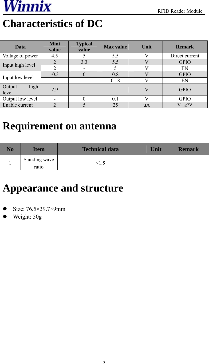                                          RFID Reader Module - 3 - Characteristics of DC Data  Mini value  Typical value  Max value Unit  Remark Voltage of power  4.5  5  5.5  V  Direct current 2  3.3  5.5  V  GPIO Input high level  2 -  5  V  EN -0.3  0  0.8  V  GPIO Input low level  -  -  0.18  V  EN Output high level  2.9  -  -  V  GPIO Output low level  -  0  0.1  V  GPIO Enable current  2  5  25  uA  VEN≥2V Requirement on antenna No  Item  Technical data  Unit  Remark 1  Standing wave ratio  ≤1.5    Appearance and structure z Size: 76.5×39.7×9mm z Weight: 50g  