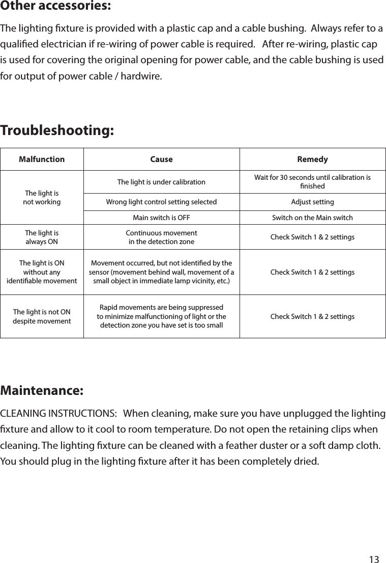       13      Maintenance:CLEANING INSTRUCTIONS:   When cleaning, make sure you have unplugged the lighting xture and allow to it cool to room temperature. Do not open the retaining clips when cleaning. The lighting xture can be cleaned with a feather duster or a soft damp cloth. You should plug in the lighting xture after it has been completely dried.Troubleshooting:Malfunction Cause RemedyThe light isnot workingThe light is under calibration Wait for 30 seconds until calibration is nishedWrong light control setting selected Adjust settingMain switch is OFF Switch on the Main switchThe light isalways ONContinuous movementin the detection zone Check Switch 1 &amp; 2 settingsThe light is ONwithout anyidentiable movementMovement occurred, but not identied by the sensor (movement behind wall, movement of a small object in immediate lamp vicinity, etc.)Check Switch 1 &amp; 2 settingsThe light is not ONdespite movementRapid movements are being suppressed to minimize malfunctioning of light or the detection zone you have set is too smallCheck Switch 1 &amp; 2 settingsOther accessories:The lighting xture is provided with a plastic cap and a cable bushing.  Always refer to a qualied electrician if re-wiring of power cable is required.   After re-wiring, plastic cap is used for covering the original opening for power cable, and the cable bushing is used for output of power cable / hardwire.