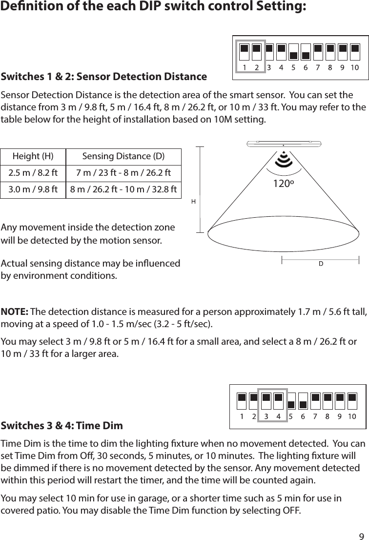       9      Denition of the each DIP switch control Setting:   Switches 1 &amp; 2: Sensor Detection Distance           Sensor Detection Distance is the detection area of the smart sensor.  You can set the distance from 3 m / 9.8 ft, 5 m / 16.4 ft, 8 m / 26.2 ft, or 10 m / 33 ft. You may refer to the table below for the height of installation based on 10M setting.Any movement inside the detection zone  will be detected by the motion sensor.Actual sensing distance may be inuenced  by environment conditions.NOTE: The detection distance is measured for a person approximately 1.7 m / 5.6 ft tall, moving at a speed of 1.0 - 1.5 m/sec (3.2 - 5 ft/sec).You may select 3 m / 9.8 ft or 5 m / 16.4 ft for a small area, and select a 8 m / 26.2 ft or  10 m / 33 ft for a larger area.Switches 3 &amp; 4: Time Dim                                               Time Dim is the time to dim the lighting xture when no movement detected.  You can set Time Dim from O, 30 seconds, 5 minutes, or 10 minutes.  The lighting xture will be dimmed if there is no movement detected by the sensor. Any movement detected within this period will restart the timer, and the time will be counted again.You may select 10 min for use in garage, or a shorter time such as 5 min for use in covered patio. You may disable the Time Dim function by selecting OFF.Height (H) Sensing Distance (D)2.5 m / 8.2 ft 7 m / 23 ft - 8 m / 26.2 ft3.0 m / 9.8 ft 8 m / 26.2 ft - 10 m / 32.8 ft 120º