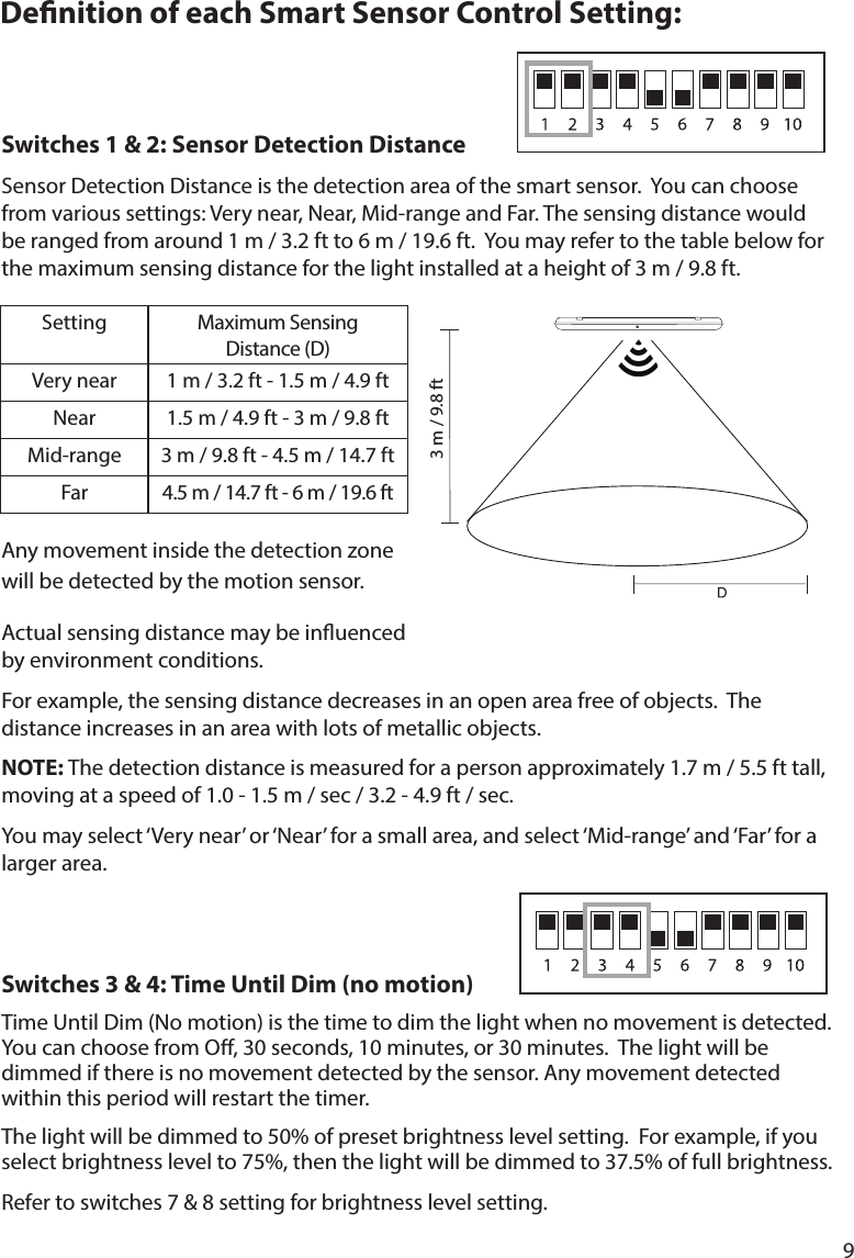 9  Switches 1 &amp; 2: Sensor Detection Distance          from various settings: Very near, Near, Mid-range and Far. The sensing distance would Any movement inside the detection zone  will be detected by the motion sensor.Actual sensing distance may be inuenced  by environment conditions.distance increases in an area with lots of metallic objects.NOTE: larger area.Switches 3 &amp; 4: Time Until Dim (no motion)         dimmed if there is no movement detected by the sensor. Any movement detected within this period will restart the timer.select brightness level to 75%, then the light will be dimmed to 37.5% of full brightness.Refer to switches 7 &amp; 8 setting for brightness level setting. Denition of each Smart Sensor Control Setting:Setting  Very near Near Mid-range Far 