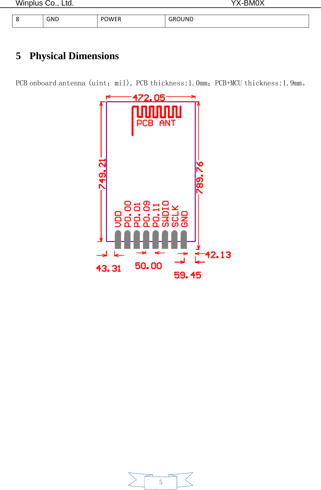  Winplus Co., Ltd.                                          YX-BM0X       5 8GNDPOWERGROUND 5 Physical Dimensions PCB onboard antenna (uint：mil), PCB thickness:1.0mm；PCB+MCU thickness:1.9mm。    