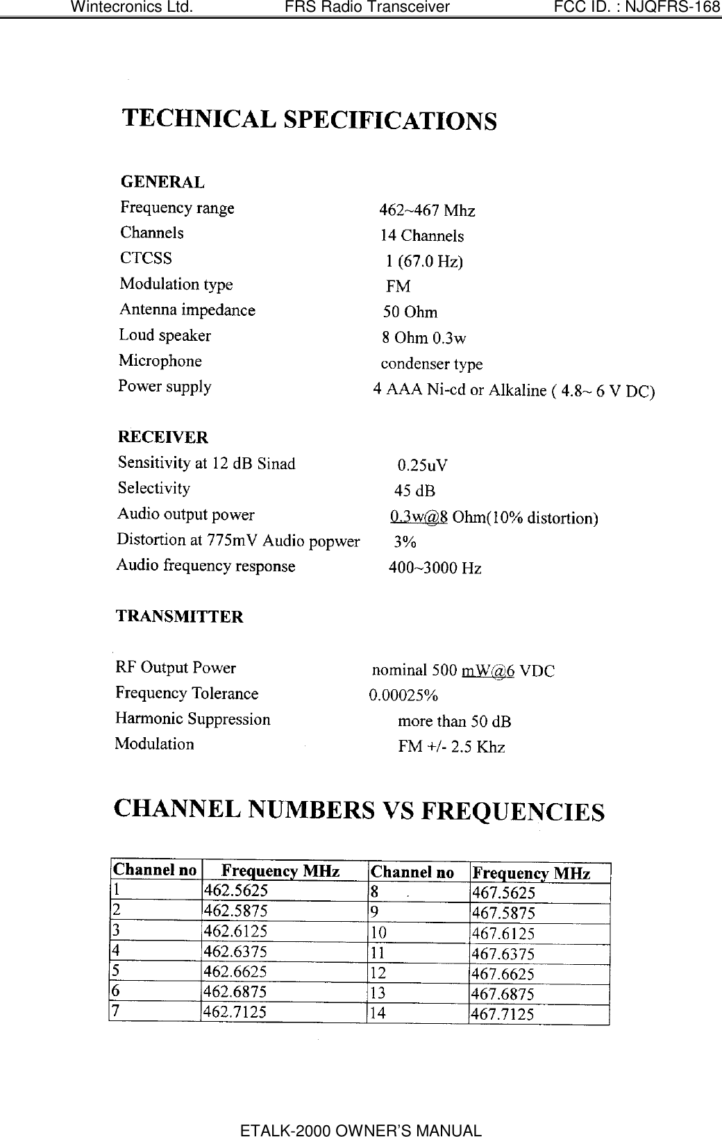 Wintecronics Ltd. FRS Radio Transceiver FCC ID. : NJQFRS-168ETALK-2000 OWNER&rsquo;S MANUAL