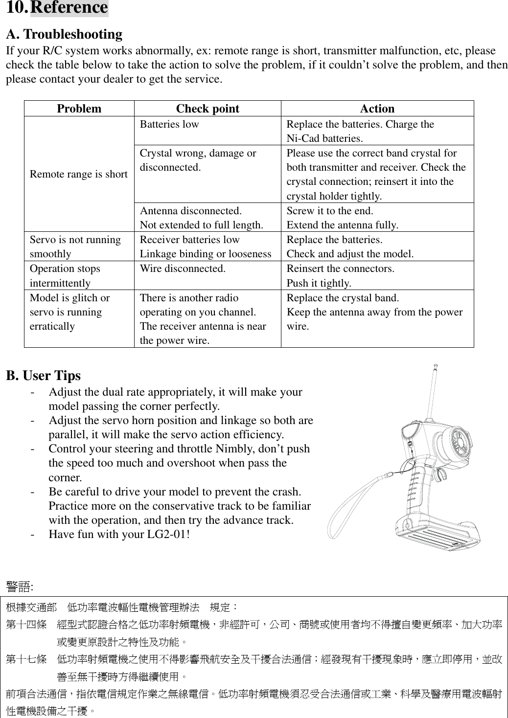 10. Reference A. Troubleshooting If your R/C system works abnormally, ex: remote range is short, transmitter malfunction, etc, please check the table below to take the action to solve the problem, if it couldn&rsquo;t solve the problem, and then please contact your dealer to get the service.  Problem Check point  Action Batteries low  Replace the batteries. Charge the Ni-Cad batteries. Crystal wrong, damage or disconnected. Please use the correct band crystal for both transmitter and receiver. Check the crystal connection; reinsert it into the crystal holder tightly. Remote range is short Antenna disconnected. Not extended to full length. Screw it to the end. Extend the antenna fully. Servo is not running smoothly Receiver batteries low Linkage binding or looseness Replace the batteries. Check and adjust the model. Operation stops intermittently Wire disconnected.  Reinsert the connectors. Push it tightly. Model is glitch or servo is running erratically There is another radio operating on you channel. The receiver antenna is near the power wire. Replace the crystal band. Keep the antenna away from the power wire.  B. User Tips - Adjust the dual rate appropriately, it will make your model passing the corner perfectly. - Adjust the servo horn position and linkage so both are parallel, it will make the servo action efficiency. - Control your steering and throttle Nimbly, don&rsquo;t push the speed too much and overshoot when pass the corner. - Be careful to drive your model to prevent the crash. Practice more on the conservative track to be familiar with the operation, and then try the advance track. - Have fun with your LG2-01!       警語: 根據交通部 低功率電波輻性電機管理辦法 規定： 第十四條 經型式認證合格之低功率射頻電機，非經許可，公司、商號或使用者均不得擅自變更頻率、加大功率或變更原設計之特性及功能。 第十七條 低功率射頻電機之使用不得影響飛航安全及干擾合法通信；經發現有干擾現象時，應立即停用，並改善至無干擾時方得繼續使用。 前項合法通信，指依電信規定作業之無線電信。低功率射頻電機須忍受合法通信或工業、科學及醫療用電波輻射性電機設備之干擾。  