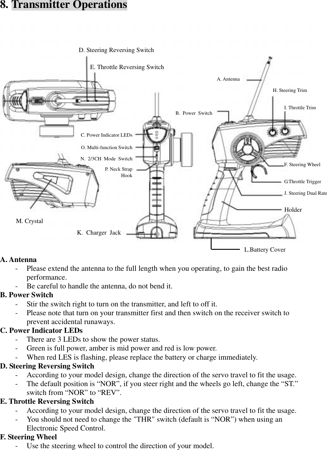 8. Transmitter Operations  A. Antenna - Please extend the antenna to the full length when you operating, to gain the best radio performance. - Be careful to handle the antenna, do not bend it. B. Power Switch - Stir the switch right to turn on the transmitter, and left to off it. - Please note that turn on your transmitter first and then switch on the receiver switch to prevent accidental runaways. C. Power Indicator LEDs - There are 3 LEDs to show the power status. - Green is full power, amber is mid power and red is low power. - When red LES is flashing, please replace the battery or charge immediately. D. Steering Reversing Switch - According to your model design, change the direction of the servo travel to fit the usage. - The default position is &ldquo;NOR&rdquo;, if you steer right and the wheels go left, change the &ldquo;ST.&rdquo; switch from &ldquo;NOR&rdquo; to &ldquo;REV&rdquo;. E. Throttle Reversing Switch - According to your model design, change the direction of the servo travel to fit the usage. - You should not need to change the "THR" switch (default is &ldquo;NOR&rdquo;) when using an Electronic Speed Control. F. Steering Wheel - Use the steering wheel to control the direction of your model. A. Antenna D. Steering Reversing Switch E. Throttle Reversing Switch H. Steering Trim I. Throttle Trim G.Throttle Trigger F. Steering Wheel J. Steering Dual Rate Holder C. Power Indicator LEDs O. Multi-function Switch P. Neck Strap Hook M. Crystal K. Charger Jack B. Power SwitchL.Battery Cover N. 2/3CH Mode Switch 