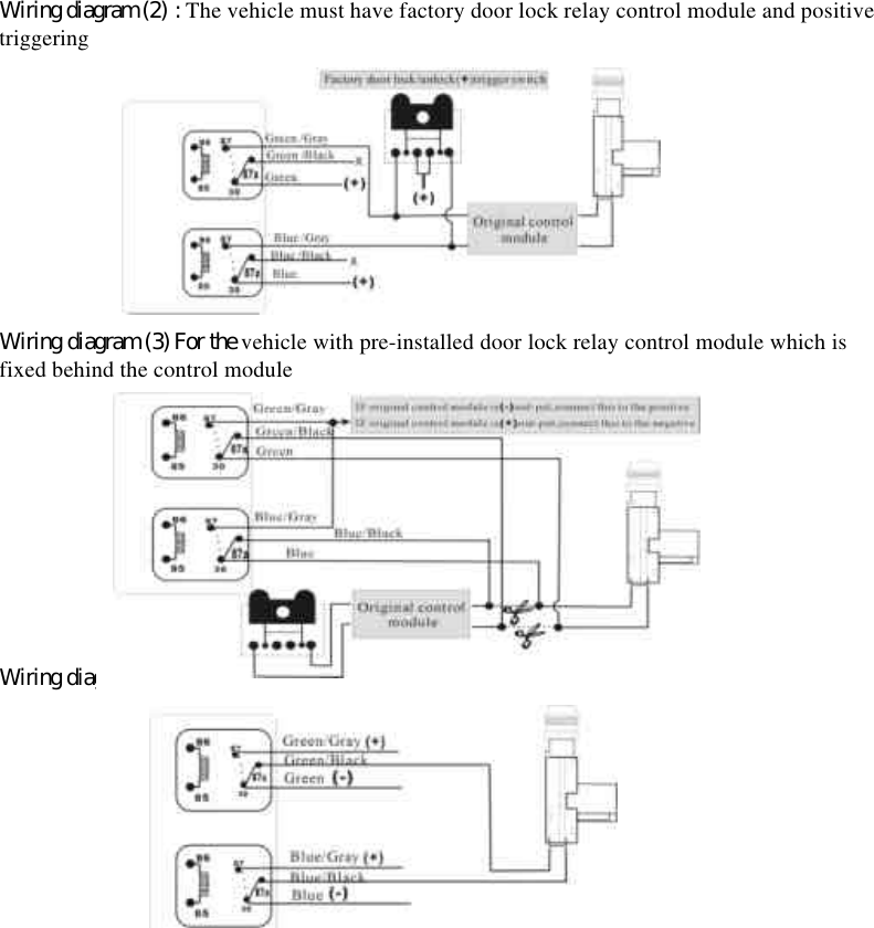 12Wiring diagram (2) : The vehicle must have factory door lock relay control module and positivetriggeringWiring diagram (3) For the vehicle with pre-installed door lock relay control module which isfixed behind the control moduleWiring diagram (4) For vehicle without re-installed door lock relay control   