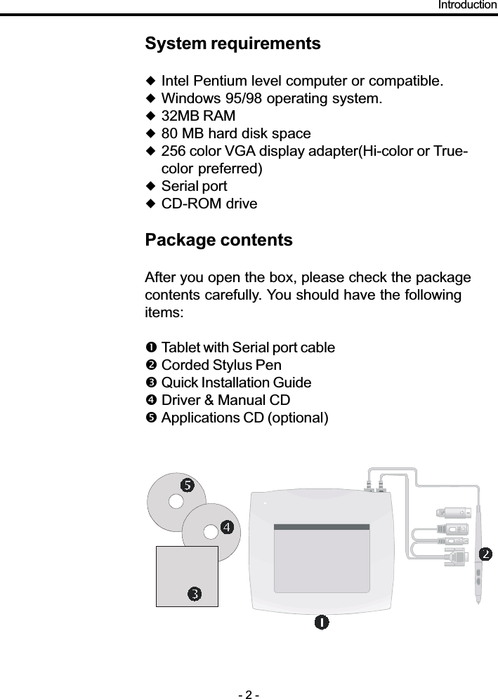 System requirements!Intel Pentium level computer or compatible.!Windows 95/98 operating system.!32MB RAM!80 MB hard disk space!256 color VGA display adapter(Hi-color or True-color preferred)!Serial port!CD-ROM drivePackage contentsAfter you open the box, please check the packagecontents carefully. You should have the followingitems:&quot;Tablet with Serial port cable#Corded Stylus Pen$Quick Installation Guide% Driver &amp; Manual CD&amp;Applications CD (optional)Introduction- 2 -