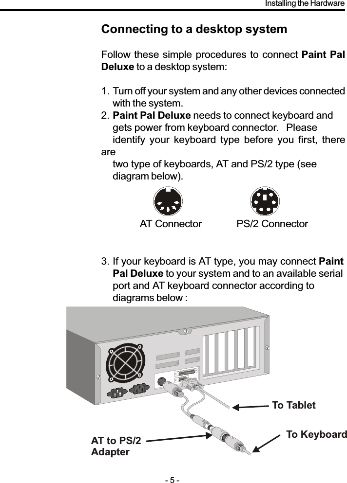 To TabletTo KeyboardAT to PS/2 AdapterConnecting to a desktop systemFollow these simple procedures to connect Paint PalDeluxe to a desktop system:1. Turn off your system and any other devices connectedwith the system.2. Paint Pal Deluxe needs to connect keyboard andgets power from keyboard connector.   Pleaseidentify  your  keyboard  type  before  you  first,  therearetwo type of keyboards, AT and PS/2 type (seediagram below).3. If your keyboard is AT type, you may connect PaintPal Deluxe to your system and to an available serialport and AT keyboard connector according todiagrams below :- 5 -PS/2 ConnectorAT ConnectorInstalling the Hardware