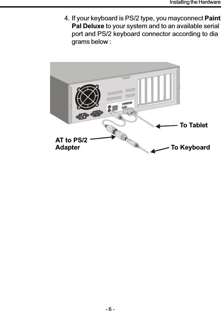 To TabletTo KeyboardAT to PS/2 Adapter4. If your keyboard is PS/2 type, you mayconnect PaintPal Deluxe to your system and to an available serialport and PS/2 keyboard connector according to diagrams below :- 6 -Installing the Hardware