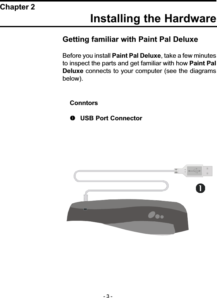 Installing the HardwareChapter 2Getting familiar with Paint Pal DeluxeBefore you install Paint Pal Deluxe, take a few minutesto inspect the parts and get familiar with how Paint PalDeluxe connects to your computer (see the diagramsbelow).Conntors&quot;&quot;&quot;&quot;&quot;USB Port Connector- 3 -