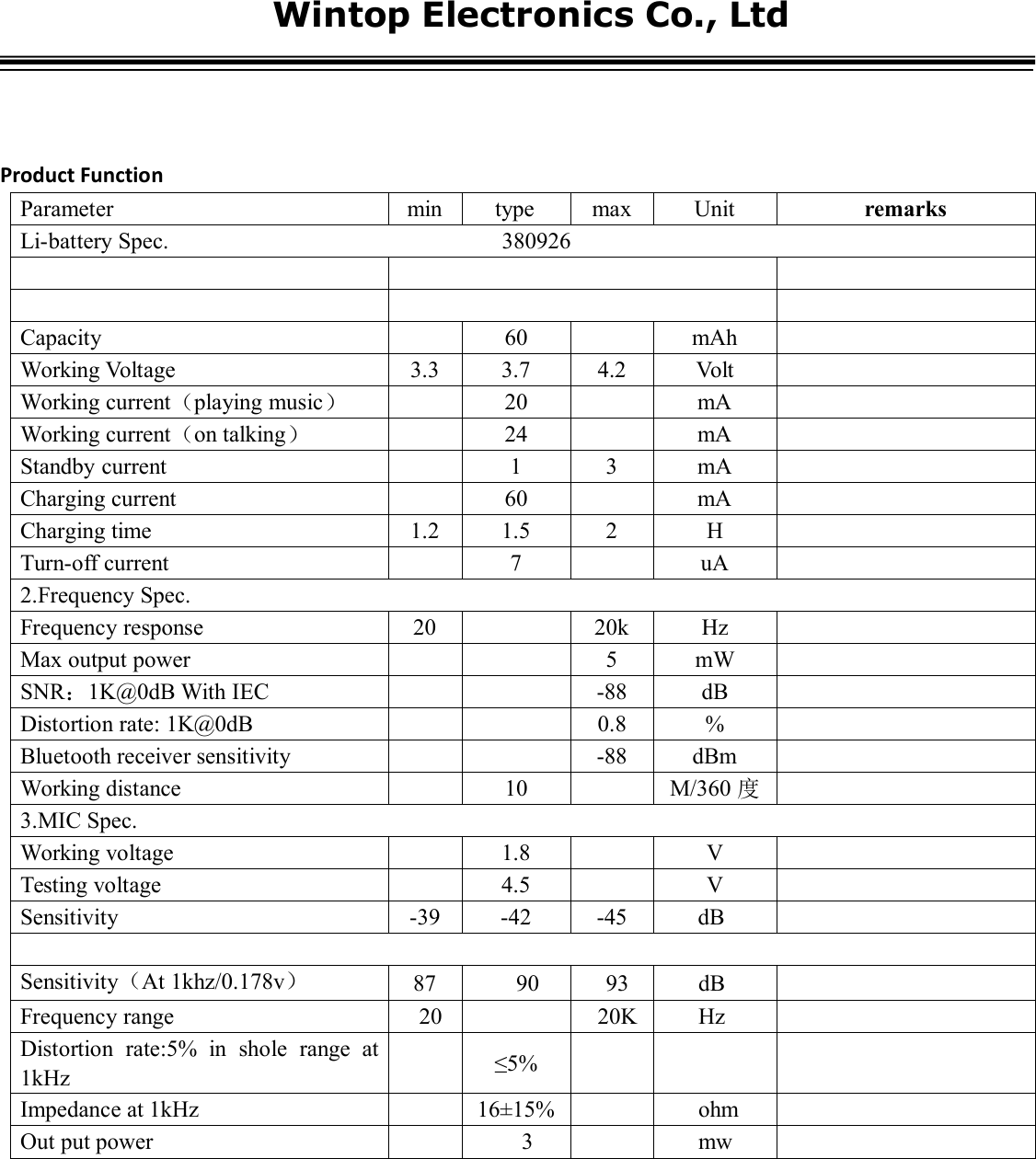 WintopElectronicsCo.,LtdProduct FunctionParameter min type max Unit remarksLi-battery Spec. 380926Capacity 60 mAhWorking Voltage 3.3 3.7 4.2 VoltWorking current（playing music）20 mAWorking current（on talking）24 mAStandby current 1 3 mACharging current 60 mACharging time 1.2 1.5 2 HTurn-off current 7 uA2.Frequency Spec.Frequency response 20 20k HzMax output power 5 mWSNR：1K@0dB With IEC -88 dBDistortion rate: 1K@0dB 0.8 %Bluetooth receiver sensitivity -88 dBmWorking distance 10 M/360 度3.MIC Spec.Working voltage 1.8 VTesting voltage 4.5 VSensitivity -39 -42 -45 dBSensitivity（At 1khz/0.178v）87 90 93 dBFrequency range 20 20K HzDistortion rate:5% in shole range at1kHz ≤5%Impedance at 1kHz 16±15% ohmOut put power 3 mw