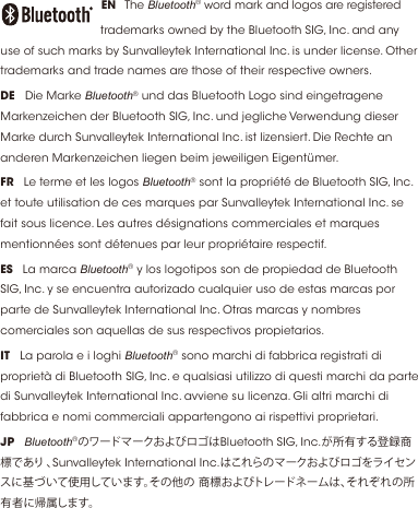 MADE IN CHINA      EN   The Bluetooth® word mark and logos are registered        trademarks owned by the Bluetooth SIG, Inc. and any use of such marks by Sunvalleytek International Inc. is under license. Other trademarks and trade names are those of their respective owners.DE   Die Marke Bluetooth® und das Bluetooth Logo sind eingetragene Markenzeichen der Bluetooth SIG, Inc. und jegliche Verwendung dieser Marke durch Sunvalleytek International Inc. ist lizensiert. Die Rechte an anderen Markenzeichen liegen beim jeweiligen Eigentümer.FR   Le terme et les logos Bluetooth® sont la propriété de Bluetooth SIG, Inc. et toute utilisation de ces marques par Sunvalleytek International Inc. se fait sous licence. Les autres désignations commerciales et marques mentionnées sont détenues par leur propriétaire respectif.ES   La marca Bluetooth® y los logotipos son de propiedad de Bluetooth SIG, Inc. y se encuentra autorizado cualquier uso de estas marcas por parte de Sunvalleytek International Inc. Otras marcas y nombres comerciales son aquellas de sus respectivos propietarios.IT   La parola e i loghi Bluetooth® sono marchi di fabbrica registrati di proprietà di Bluetooth SIG, Inc. e qualsiasi utilizzo di questi marchi da parte di Sunvalleytek International Inc. avviene su licenza. Gli altri marchi di fabbrica e nomi commerciali appartengono ai rispettivi proprietari.JP   Bluetooth®のワードマークおよびロゴはBluetooth SIG, Inc.が所有する登録商標であり 、Sunvalleytek International Inc.はこれらのマークおよびロゴをライセンスに基づいて使用しています。その他の 商標およびトレードネームは、それぞれの所有者に帰属します。