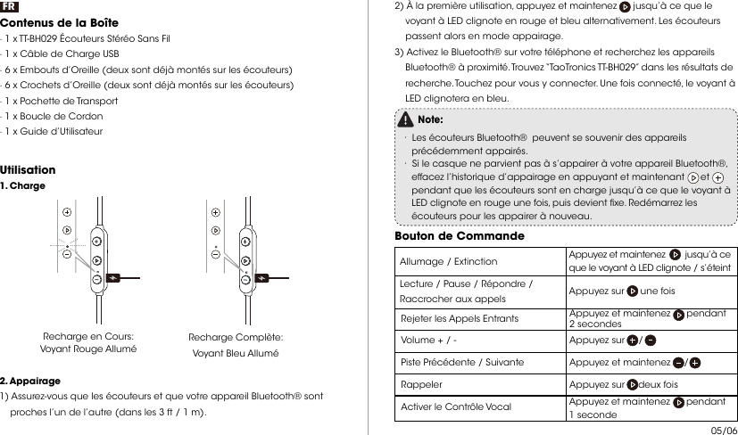 Appuyez sur     /Appuyez et maintenez        jusqu’à ce que le voyant à LED clignote / s’éteintFRContenus de la Boîte · 1 x TT-BH029 Écouteurs Stéréo Sans Fil· 1 x Câble de Charge USB· 6 x Embouts d’Oreille (deux sont déjà montés sur les écouteurs)· 6 x Crochets d’Oreille (deux sont déjà montés sur les écouteurs)· 1 x Pochette de Transport· 1 x Boucle de Cordon· 1 x Guide d’UtilisateurUtilisation Recharge en Cours:Voyant Rouge Allumé Recharge Complète: Voyant Bleu Allumé 2. Appairage1) Assurez-vous que les écouteurs et que votre appareil Bluetooth® sont      proches l’un de l’autre (dans les 3 ft / 1 m).1. Charge2) À la première utilisation, appuyez et maintenez      jusqu’à ce que le     voyant à LED clignote en rouge et bleu alternativement. Les écouteurs     passent alors en mode appairage.3) Activez le Bluetooth® sur votre téléphone et recherchez les appareils     Bluetooth® à proximité. Trouvez “TaoTronics TT-BH029” dans les résultats de     recherche. Touchez pour vous y connecter. Une fois connecté, le voyant à     LED clignotera en bleu.Note:· Les écouteurs Bluetooth®  peuvent se souvenir des appareils     précédemment appairés.· Si le casque ne parvient pas à s’appairer à votre appareil Bluetooth®,     effacez l’historique d’appairage en appuyant et maintenant      et          pendant que les écouteurs sont en charge jusqu’à ce que le voyant à     LED clignote en rouge une fois, puis devient xe. Redémarrez les     écouteurs pour les appairer à nouveau.  Bouton de CommandeAllumage / ExtinctionLecture / Pause / Répondre / Raccrocher aux appelsRejeter les Appels EntrantsVolume + / - Piste Précédente / Suivante RappelerActiver le Contrôle Vocal  05/06Appuyez sur      une foisAppuyez et maintenez      pendant 2 secondesAppuyez et maintenez     / Appuyez sur     deux foisAppuyez et maintenez      pendant 1 seconde