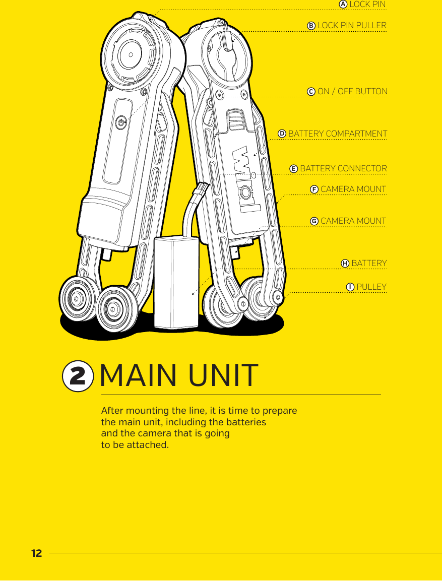 12MAIN UNITLOCK PINAON / OFF BUTTONCBATTERY COMPARTMENTDLOCK PIN PULLERBBATTERYHPULLEYICAMERA MOUNTGCAMERA MOUNTFBATTERY CONNECTOREAer mounting the line, it is time to prepare the main unit, including the batteries and the camera that is going to be attached. 2