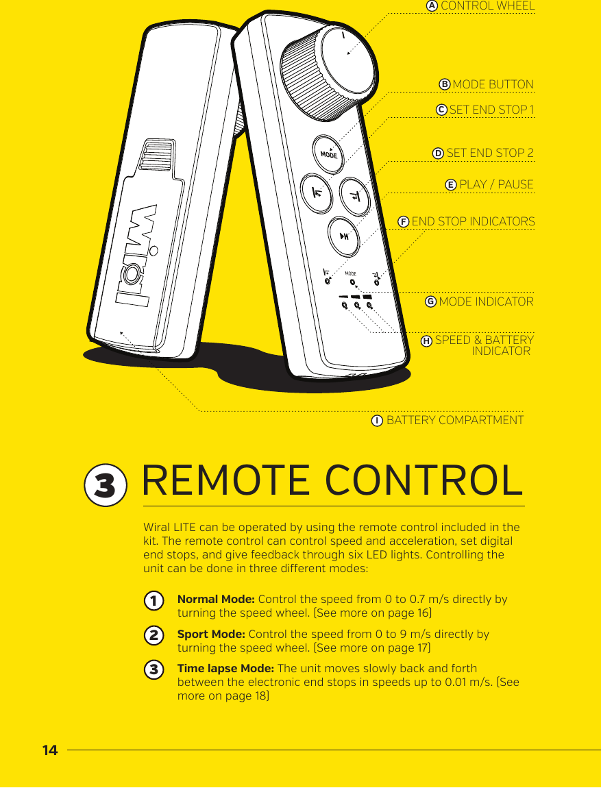 14CONTROL WHEELMODE BUTTONSET END STOP 1SET END STOP 2PLAY / PAUSEMODE INDICATOREND STOP INDICATORSBATTERY COMPARTMENTSPEED &amp; BATTERYINDICATOR ABCDEFGHIREMOTE CONTROLNormal Mode: Control the speed from 0 to 0.7 m/s directly by turning the speed wheel. (See more on page 16)Wiral LITE can be operated by using the remote control included in the kit. The remote control can control speed and acceleration, set digital end stops, and give feedback through six LED lights. Controlling the unit can be done in three dierent modes:Sport Mode: Control the speed from 0 to 9 m/s directly by turning the speed wheel. (See more on page 17)Time lapse Mode: The unit moves slowly back and forth  between the electronic end stops in speeds up to 0.01 m/s. (See more on page 18)1233
