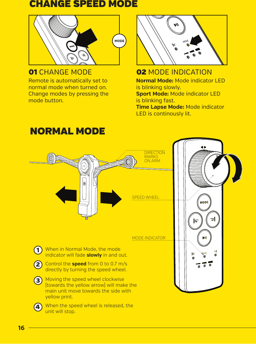 16DIRECTION MARKS ON ARMSPEED WHEELMODE INDICATORNORMAL MODECHANGE SPEED MODEControl the speed from 0 to 0.7 m/s directly by turning the speed wheel. When in Normal Mode, the modeindicator will fade slowly in and out.Moving the speed wheel clockwise (towards the yellow arrow) will make the main unit move towards the side with yellow print.When the speed wheel is released, the unit will stop.01 CHANGE MODE 02 MODE INDICATIONRemote is automatically set to normal mode when turned on. Change modes by pressing the mode button.Normal Mode: Mode indicator LED is blinking slowly.Sport Mode: Mode indicator LED is blinking fast.Time Lapse Mode: Mode indicator LED is continously lit.2134