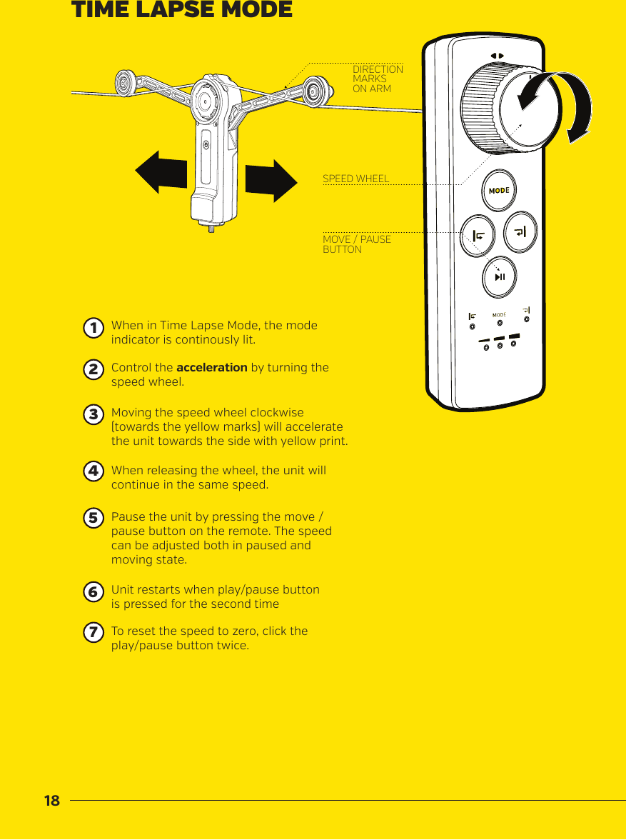 18DIRECTION MARKS ON ARMSPEED WHEELMOVE / PAUSE BUTTONControl the acceleration by turning the speed wheel. When in Time Lapse Mode, the modeindicator is continously lit.Moving the speed wheel clockwise  (towards the yellow marks) will accelerate the unit towards the side with yellow print.When releasing the wheel, the unit will continue in the same speed.2134TIME LAPSE MODEPause the unit by pressing the move /pause button on the remote. The speed can be adjusted both in paused and moving state. To reset the speed to zero, click theplay/pause button twice.Unit restarts when play/pause button is pressed for the second time567