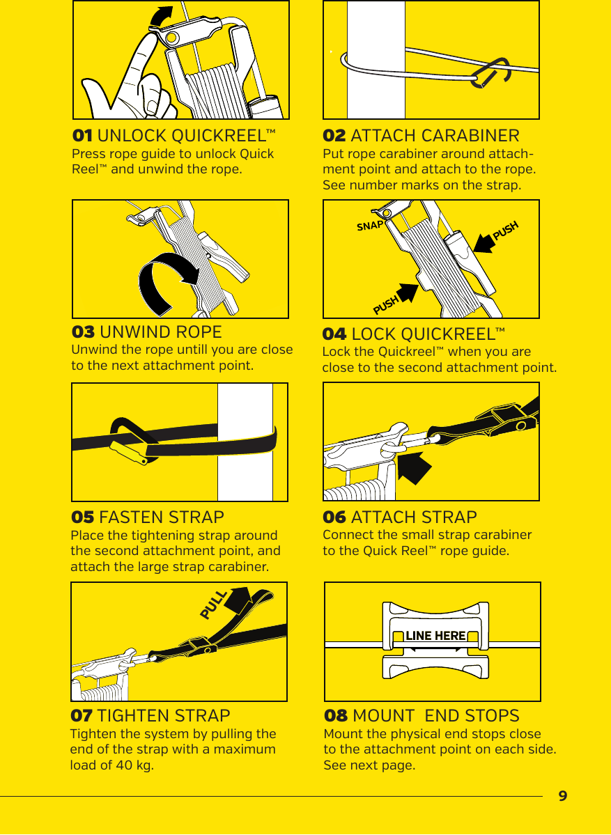 901 UNLOCK QUICKREEL&trade;03 UNWIND ROPE05 FASTEN STRAP07 TIGHTEN STRAP 08 MOUNT  END STOPSPress rope guide to unlock Quick Reel&trade; and unwind the rope. Unwind the rope untill you are close to the next attachment point. Place the tightening strap around the second attachment point, and   attach the large strap carabiner.Tighten the system by pulling theend of the strap with a maximum load of 40 kg.Mount the physical end stops close to the attachment point on each side. See next page.Put rope carabiner around attach-ment point and attach to the rope. See number marks on the strap.Lock the Quickreel&trade; when you are close to the second attachment point.Connect the small strap carabiner to the Quick Reel&trade; rope guide.02 ATTACH CARABINER04 LOCK QUICKREEL&trade;06 ATTACH STRAPPULLPULLPUSHPUSH
