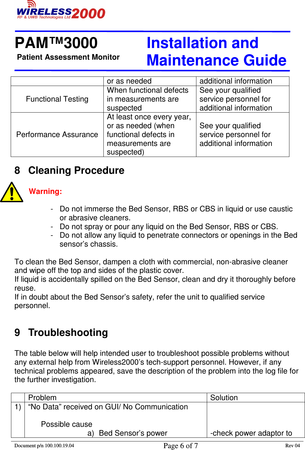 Patient Assessment Monitor                                                                  PAM™3000                       Installation and   Maintenance Guide  Document p/n 100.100.19.04 Page 6 of 7 Rev 04                                                                                                                                         or as needed  additional information Functional Testing When functional defects in measurements are suspected See your qualified service personnel for additional information Performance Assurance At least once every year, or as needed (when functional defects in measurements are suspected) See your qualified service personnel for additional information 8  Cleaning Procedure  Warning:  -  Do not immerse the Bed Sensor, RBS or CBS in liquid or use caustic or abrasive cleaners. -  Do not spray or pour any liquid on the Bed Sensor, RBS or CBS. -  Do not allow any liquid to penetrate connectors or openings in the Bed sensor’s chassis.  To clean the Bed Sensor, dampen a cloth with commercial, non-abrasive cleaner and wipe off the top and sides of the plastic cover. If liquid is accidentally spilled on the Bed Sensor, clean and dry it thoroughly before reuse. If in doubt about the Bed Sensor’s safety, refer the unit to qualified service personnel.  9  Troubleshooting  The table below will help intended user to troubleshoot possible problems without any external help from Wireless2000’s tech-support personnel. However, if any technical problems appeared, save the description of the problem into the log file for the further investigation.    Problem  Solution 1) “No Data” received on GUI/ No Communication        Possible cause  a)  Bed Sensor’s power    -check power adaptor to 